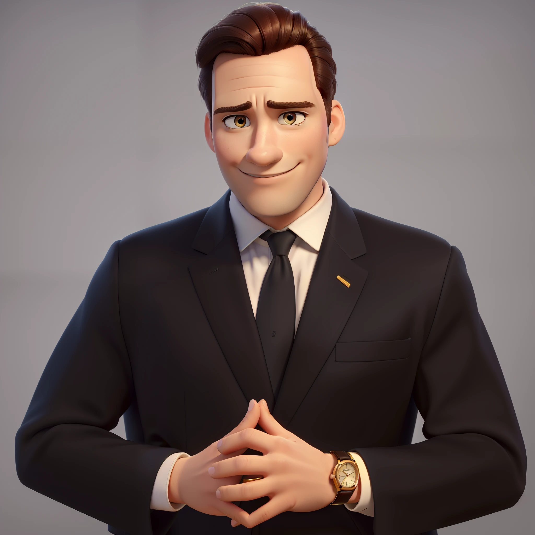 "(Best quality, 4k, 8k, highres, masterpiece:1.2), Pixar style, young appearance, beautiful hair, youthful face, lawyer, handsome, (without wrinkles:0.9), attractive and elegant, gold watch and ring"