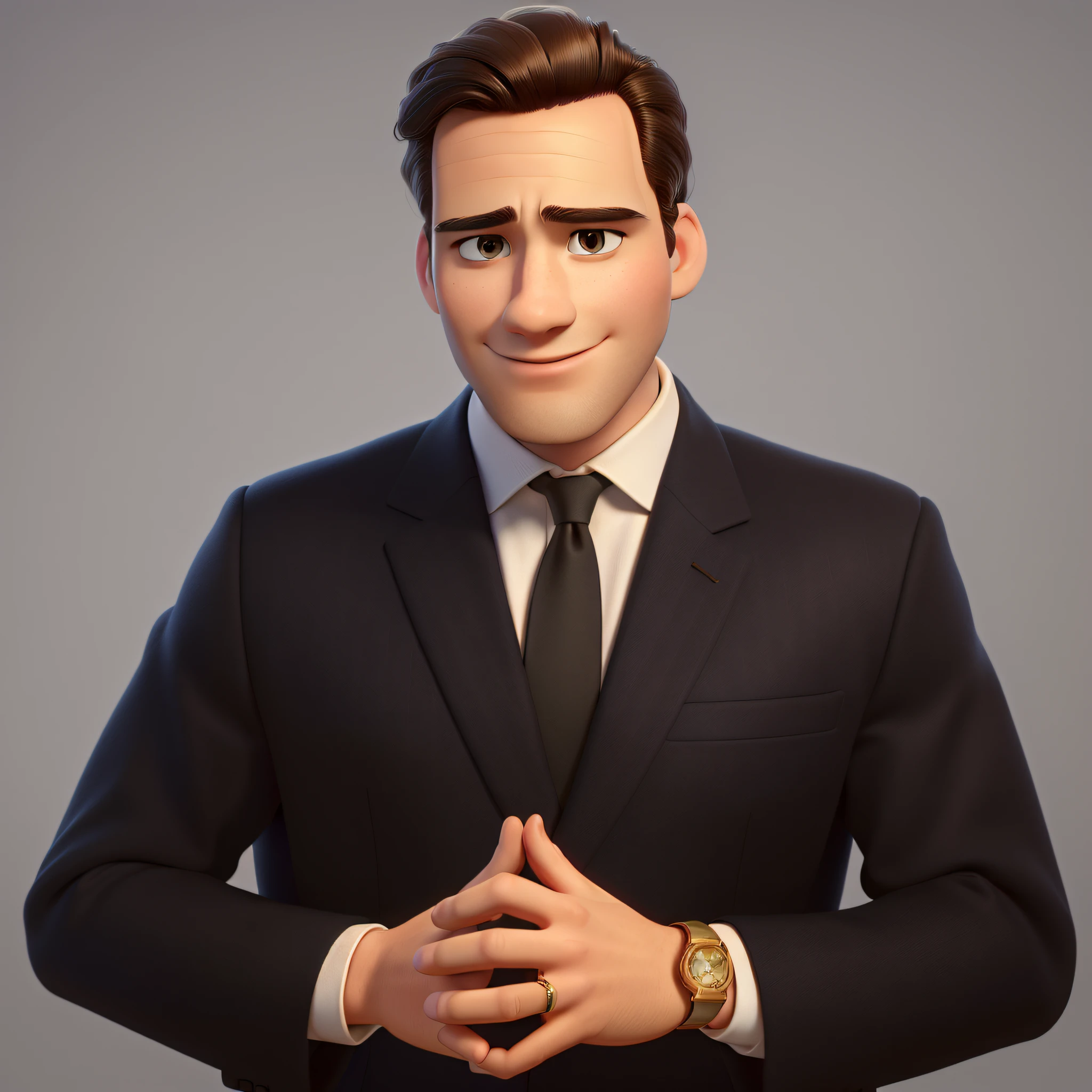 "(Best quality, 4k, 8k, highres, masterpiece:1.2), Pixar style, young appearance, beautiful hair, youthful face, lawyer, handsome, (without wrinkles:0.9), attractive and elegant, gold watch and ring"