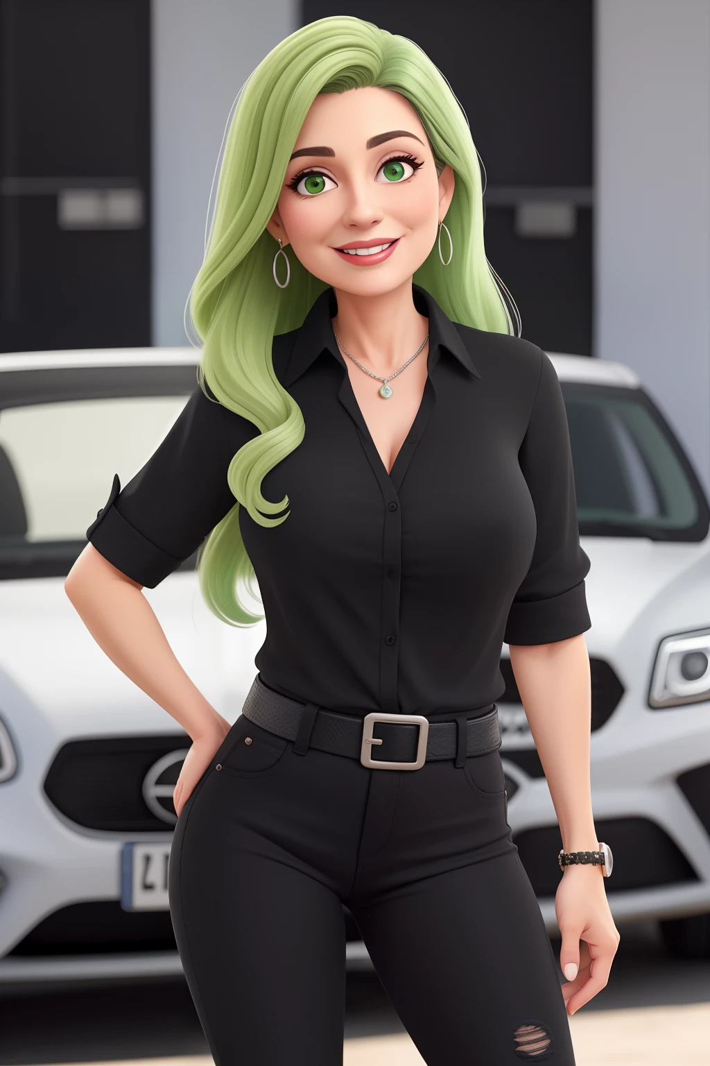 Uma mulher de 57 anos, com longos loiro escuros , Rosto fino, sorriso encantador, e olhos verdes, Real Estate Broker. She's wearing black clothes, blouse and black jeans
