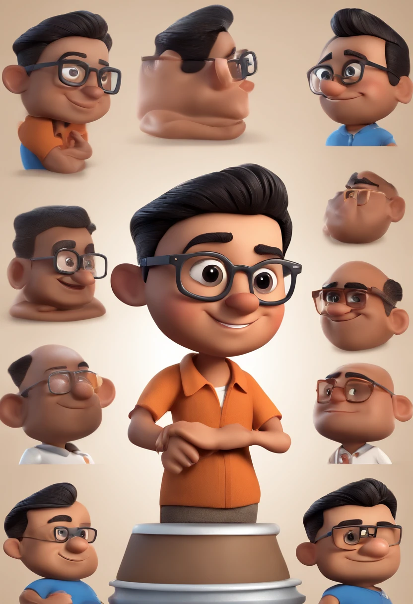Cartoon character of a man with black glasses and a blue shirt, animation character, Caractere estilizado, animation style rendering, 3D estilizado, Arnold Maya render, 3 d render stylized, toon render keyshot, Personagem 3D, Personagem 3D, 3d rendering stylized, 3 d character render, personagem de desenho animado, Personagem de close up, Pose de personagem, (Estilo Pixar) (master part:1.2) (Bokeh) (best quality) (pele detalhada) (textura detalhada) (8k) (argila) (Cinematic lighting) (foco nítido. Medindo 1.72m, pesando 102kg, cabelos castanhos, deitado na cama e sorrindo.