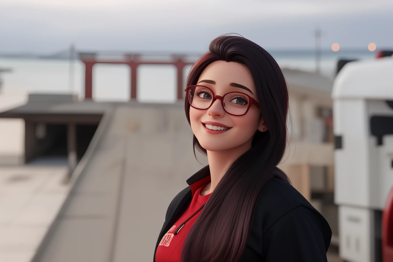 Uma mulher de 32 anos, com cabelos escuros compridos, camiseta vermelha com jaqueta preta, redondo, rosto redondo com sorriso encantador, e olhos castanhos, Wearing Craftsman Profession Glasses