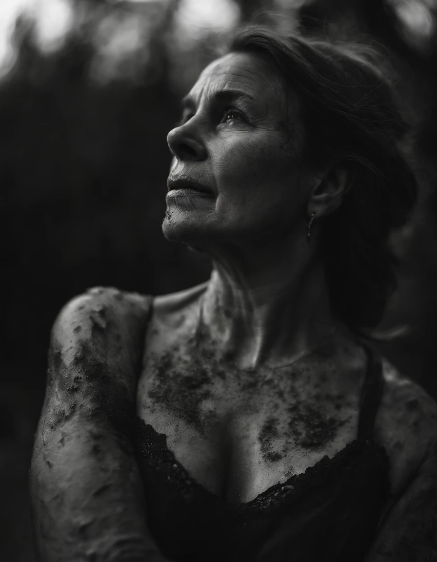 High quality photograph of a hot mature woman (Dynamic frame:1.2), A woman tormented by lust drowns in the face of a mud swamp. (She sensually smears swamp mud on her chest:1.3). She is dressed in jeans and a leather jacket. (She caresses her neck and chest with her hands:1.5) [insanely detailed skin texture, sexy attractive texture] (depth of field) (( perfect body parts, Kodak 200T, dramatic lighting, global illumination ,Clear facial features, 85mm, 100mm lens, f/1.8 uplight, Ilford film stock --ar 16:9 --q 2 --v 5, Create ultra-detailed images textures, capturing every detail with precision ))