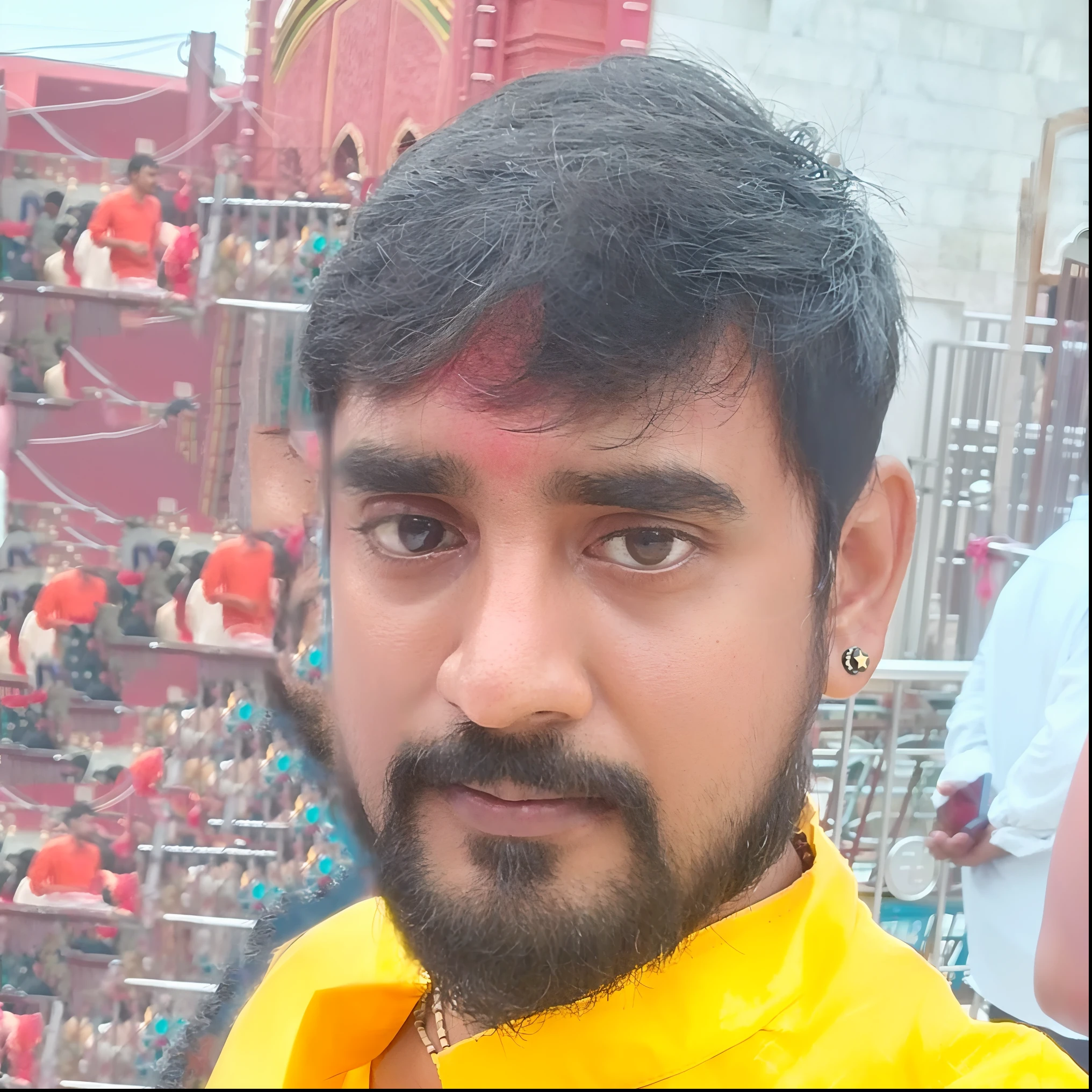 there is a man with a beard and a yellow shirt, very very low quality picture, vinayak, 8k selfie photograph, dhamphir, vastayan, about 3 , indian, with accurate face, selfie photo, very clear picture, ayan nag, around 1 9 years oldrate photo, without helmet, jayison devadas
