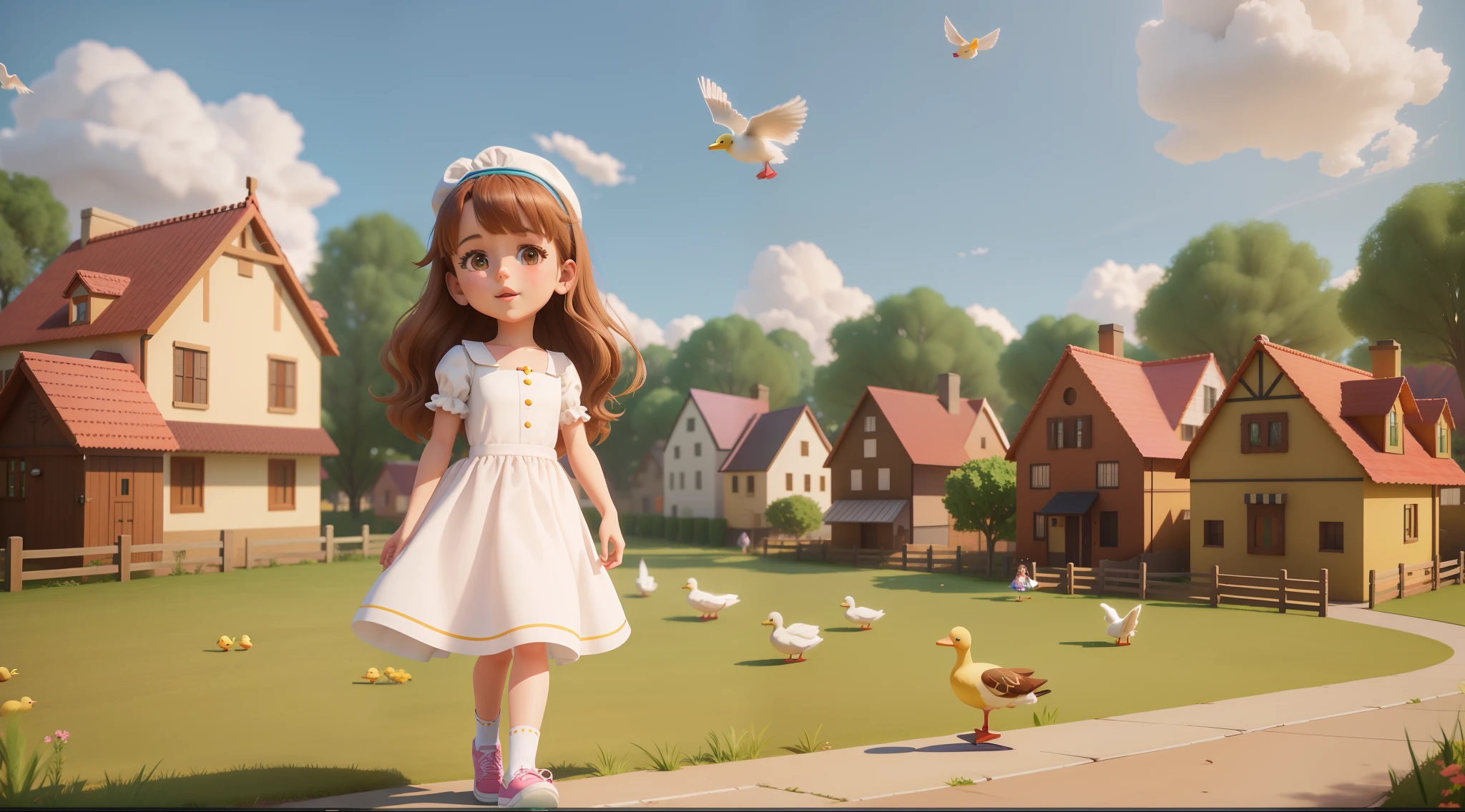 Cartoon girl in white dress standing on a path with ducks and houses in the background, render de uma anime 3d bonito, stylized as a 3d rendering, official illustration, 3d rendering stylized, Arte Oficial, bonito 3 d render, 3 d render Arte Oficial, 3 d render stylized, inspirado em Alison Kinnaird, 8 k cartoon illustration, pessoas andando de diferentes tamanhos, kids playing, cachorros andando,