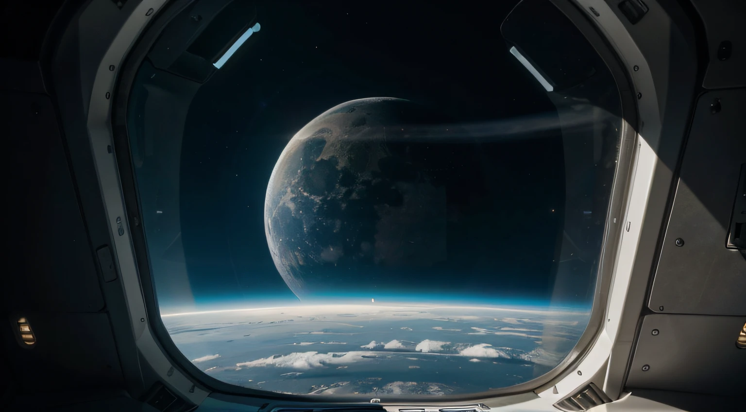 Criar uma imagem, visto de dentro de uma nave espacial futurista, In the foreground is the surface of the Moon, em segundo plano o planeta terra distante visto contra a luz solar; um extremamente realista, Universo detalhado, with blue illumination that represents the vastness of the universe and its spatial solitude, profundidade espacial, 4k, 8k
