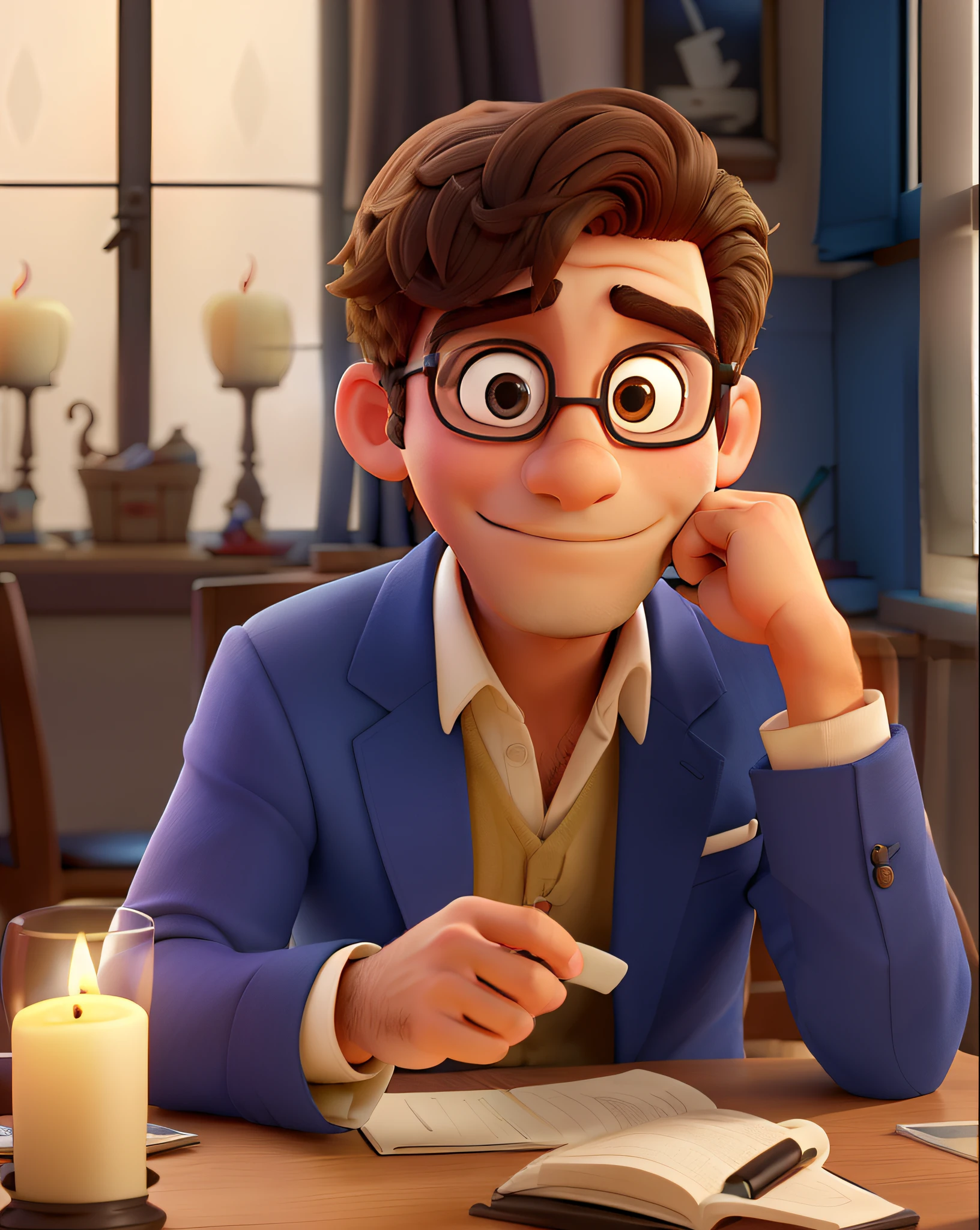 Um homem vestindo um terno como o do Jack skellington, veste uma capa de bruxo prata, On the side a small round table with a golden candlestick and in the background a window, cortinas cor de vinho, poses while looking at the camera sideways, cabelos pretos, rosto sem barba, rosto magro, In his hand a dark Zul umbrella, The sky that appears in the window is dark and starry