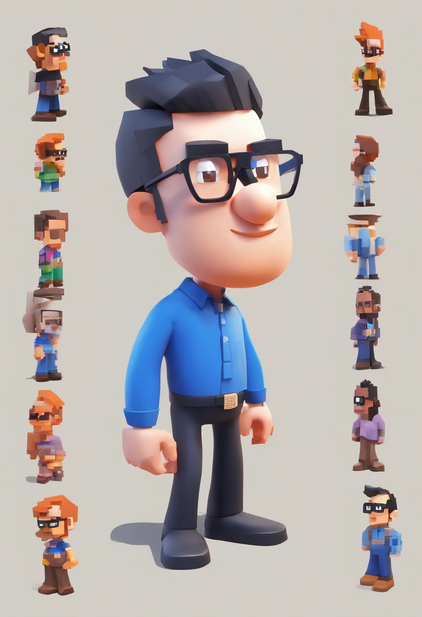 Cartoon character of a man wearing black glasses and a blue shirt, um personagem animado, Caractere estilizado, animation style rendering, 3D estilizado, Arnold Maya render, 3 d render stylized, toon render keyshot, Personagem 3D, Personagem 3D, 3d rendering stylized, 3 d character render, personagem de desenho animado, Personagem de close up, Pose de personagem,  (Estilo Pixar) (master part:1.2) (Bokeh) (best quality) (pele detalhada) (textura detalhada) (8k) (argila) (Cinematic lighting) (foco nítido