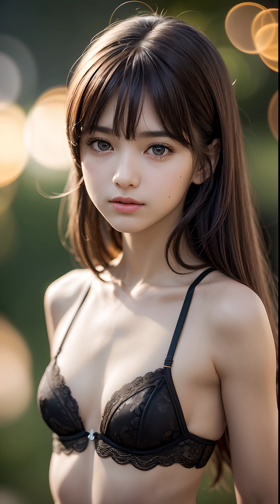 1girl, straight hair, Air bangs, worried face, (flat chest:1.6), (Fair skin and very thin body), Has a modest personality and is weak, (Best Quality:1.4), (hyper quality), (Ultra-detailed), (extremely detailed beautiful face), Amazing face and eyes, Brown hair, Brown eyes, Beautiful sheer lace, small breasts, Authentic skin texture, extremely detailed CG unified 8k wallpaper, (Ultra realistic, photo-realistic:1.37), raw photos, professional photograpy, cinematic lighting, Staring at me, (((Bokeh))), depth of fields,