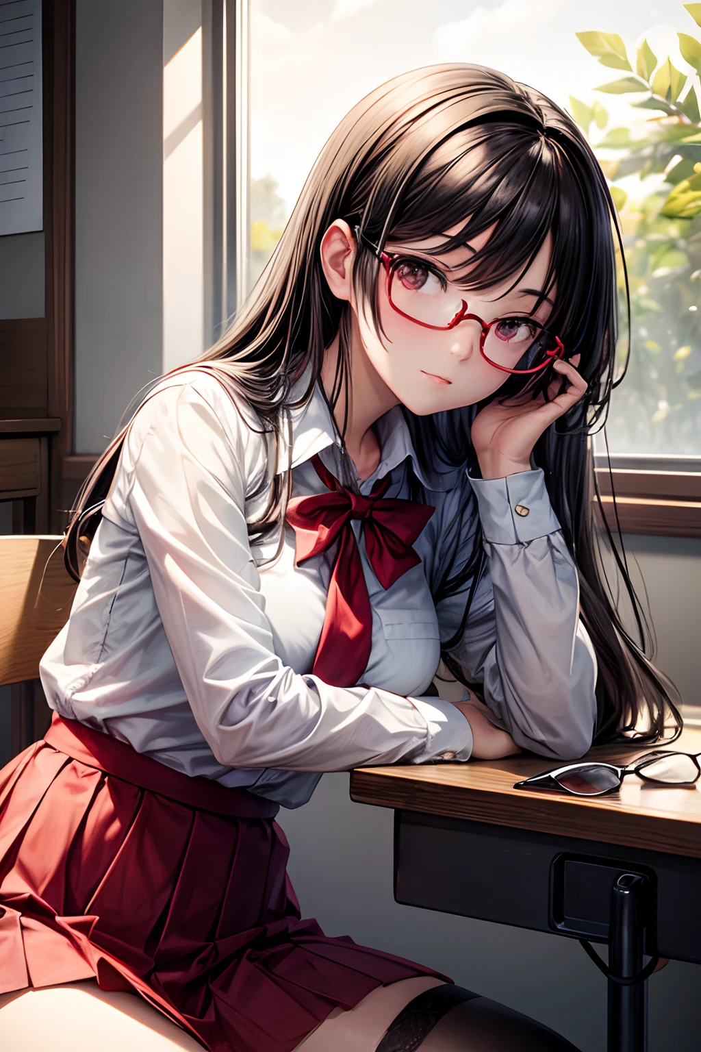 masterpiece, best_quality, 1girl, solo, black hair, sexy school uniform, red eyewear on head, sitting by the window