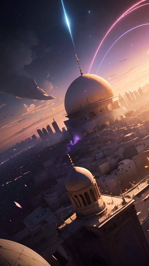 Create a poignant scene with Al-Aqsa Mosque at its heart, encircled by the devastation of war-torn buildings, featuring an anime-style young boy shedding tears, all in the emotionally charged Makoto Shinkai artistic style, Al-Aqsa Mosque, big fantasy city, Science fiction, ethereal city, many planets in the skies, clouds around, celestial architecture, purple energy scarring around, astral skies