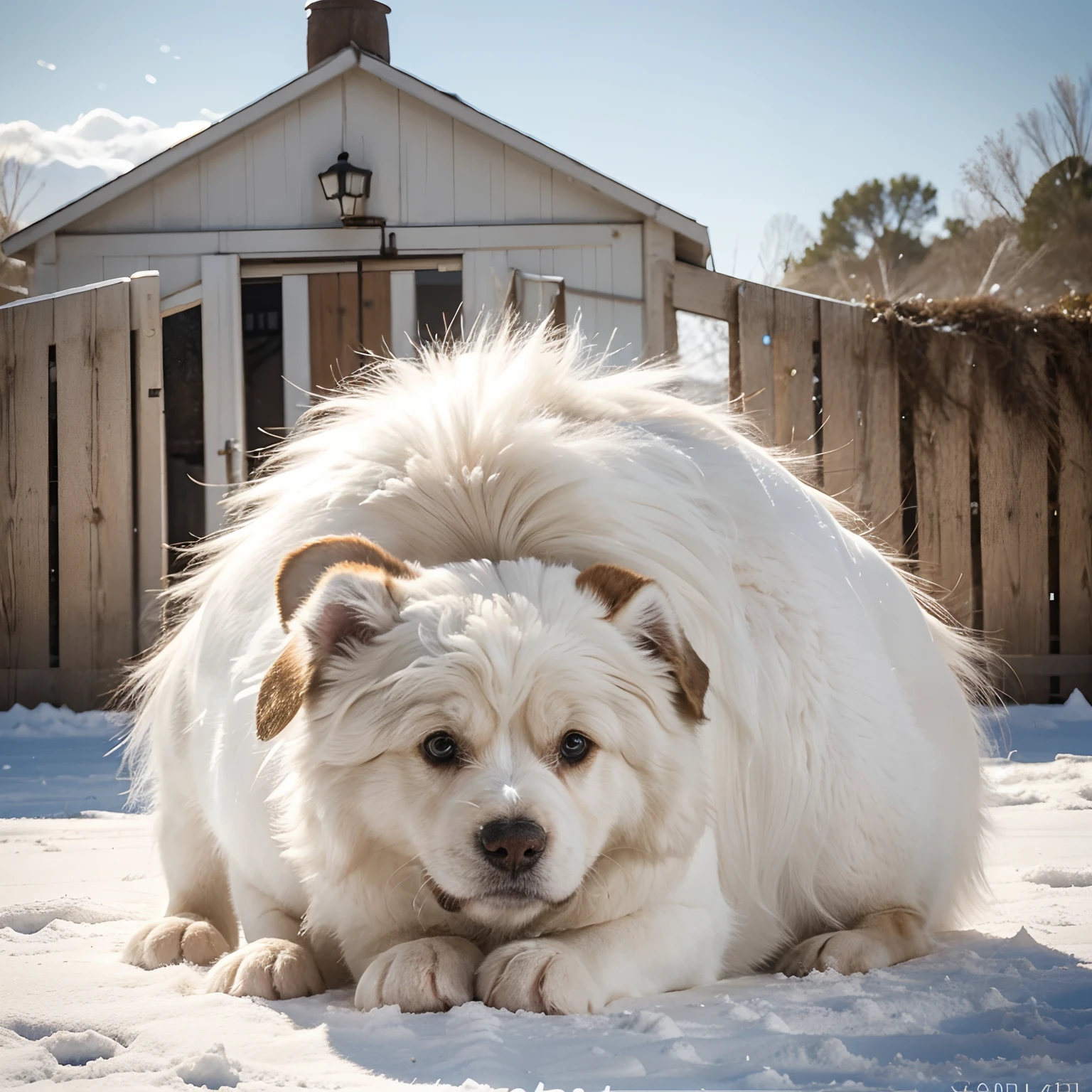 i would like to make a Disney Pixar inspired movie poster starring a Great Pyrenees named Buddy. i would want him to look very lovable and friendly. he's all white like snow and fluffy. very cute small round ears that hang on the sides of his face. i would want him to have light brown eyes. i would like him to be around a farm or ranch. his tail is fluffy and somewhat curled up. i would want it to look very realistic and high definition