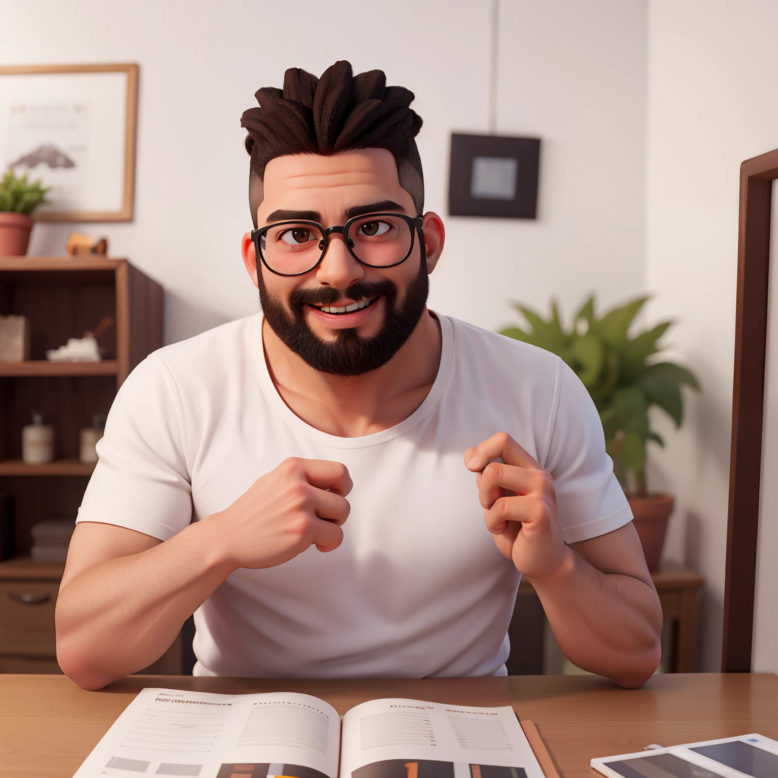 obra-prima, alta qualidade melhor qualidade, homem de 28 anos, cabelos cacheados, cabelo curto, barba cheia, pele marrom claro , eyeglass, camisa preta, tatuagens, no trabalho, luz do dia, homem otimista feliz, no computador, designer, um pouco gordinho
