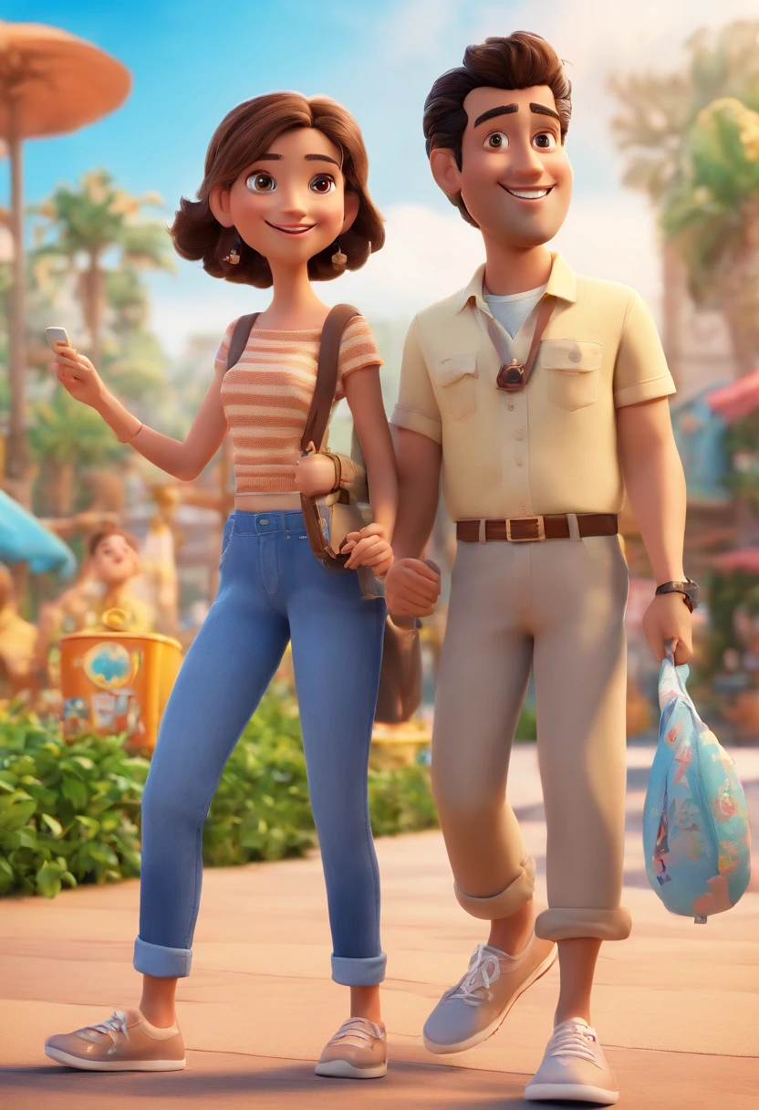 Cartoon of friends having fun on vacation together,  3D Animation Movie Poster, Poster de filme animado, pixar 3 d animation style, pixar renderman rendering, maia 8 mil, animated film, Disney Pixar Estilo 3D, amigos felizes saem juntos, all wearing light blue shirts and cream brown long pants, camisa azul clara, cream brown pants, ao ar livre, vacation, Disney Pixar Animation Poster