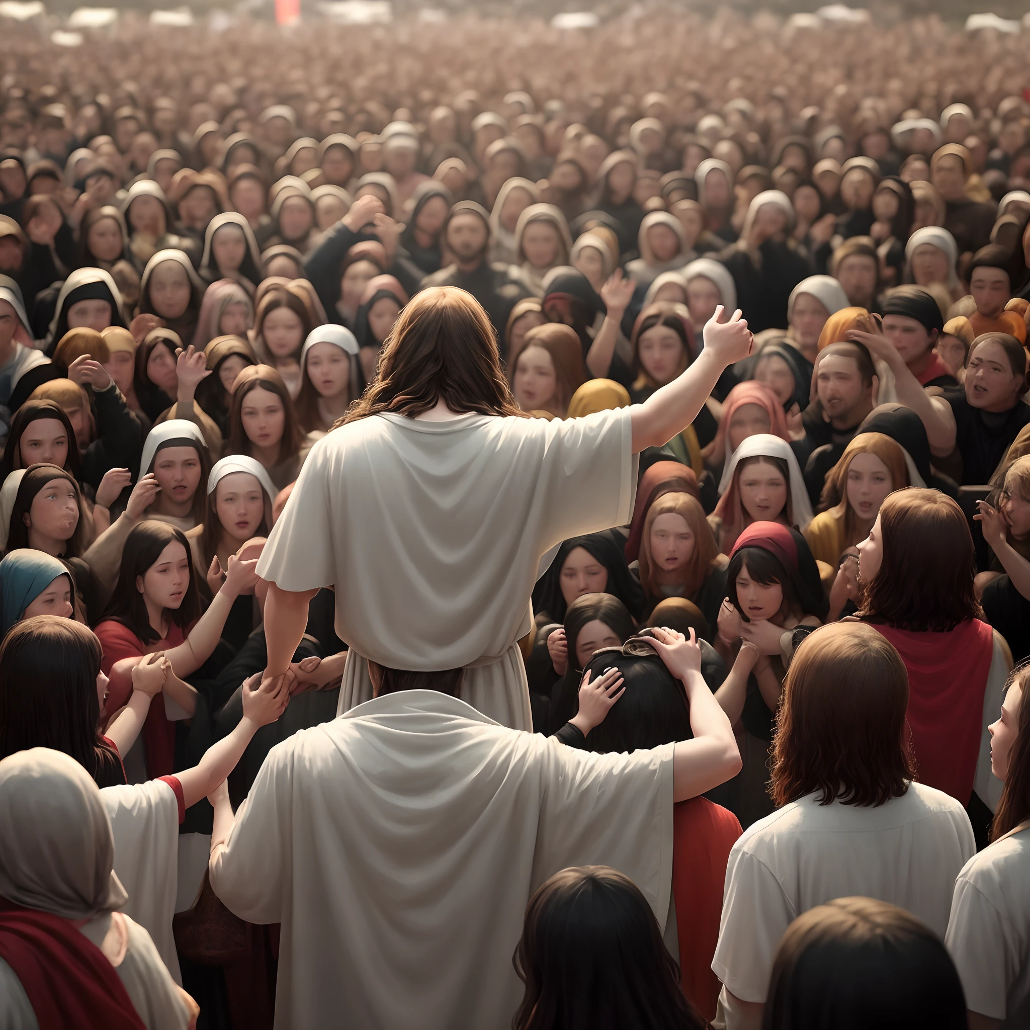 Jesus with his back turned to a crowd of 5000 people.
