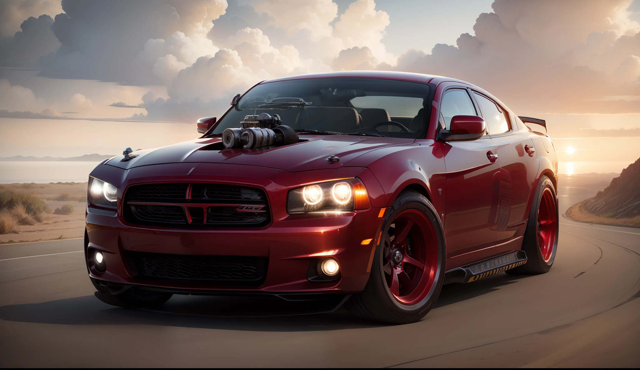 Sitting in a rollercoaser's first car red genesis coupe Dodge Charger super sport, looking at the drop ahead of you that the rollercoaster will encounter Hyper realism