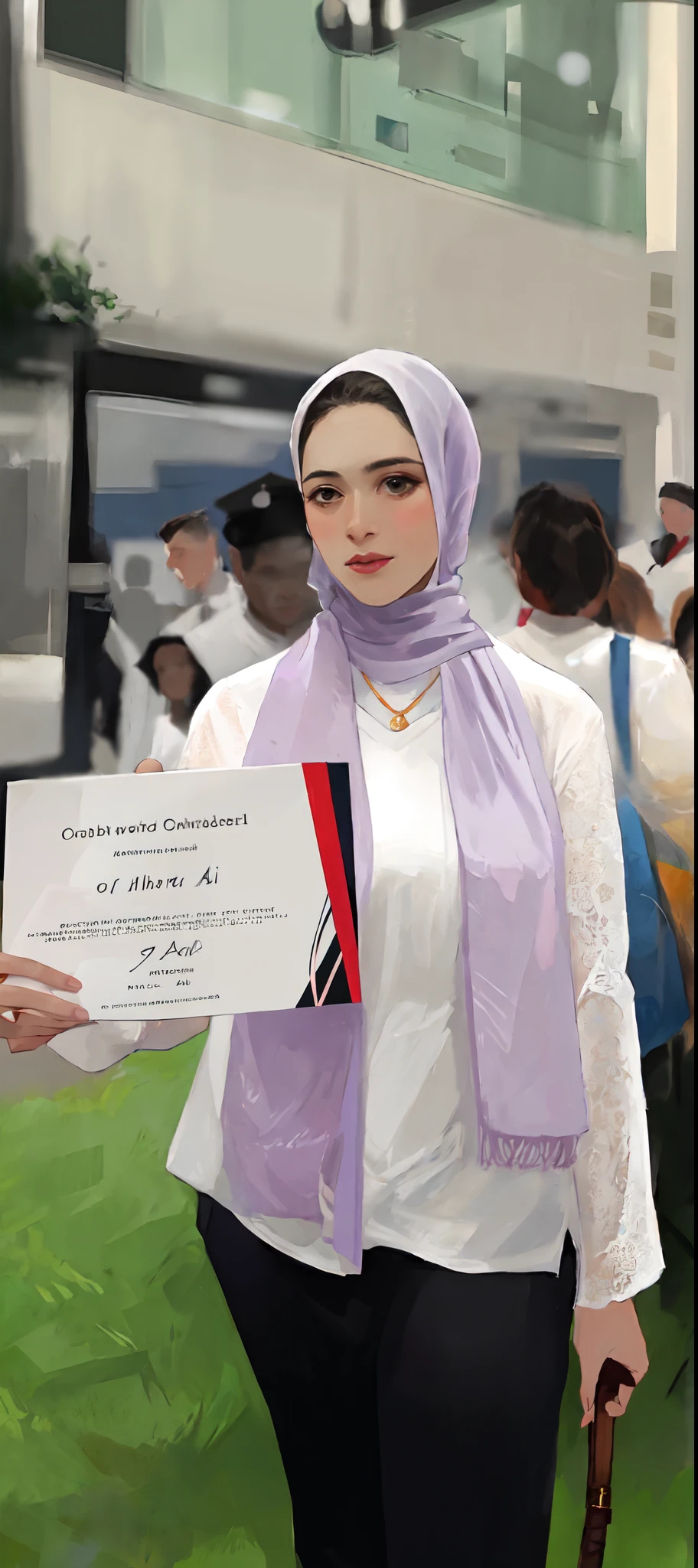 A veiled woman holds testimony in a crowd, post graduate, Sarah Ali, Graduation Photo, Student, High Quality Loading, drawing, l, Portrait of a young woman, Semi-realism, 2. Cigarette bypass, 2 0 1 9, 2019, Added details