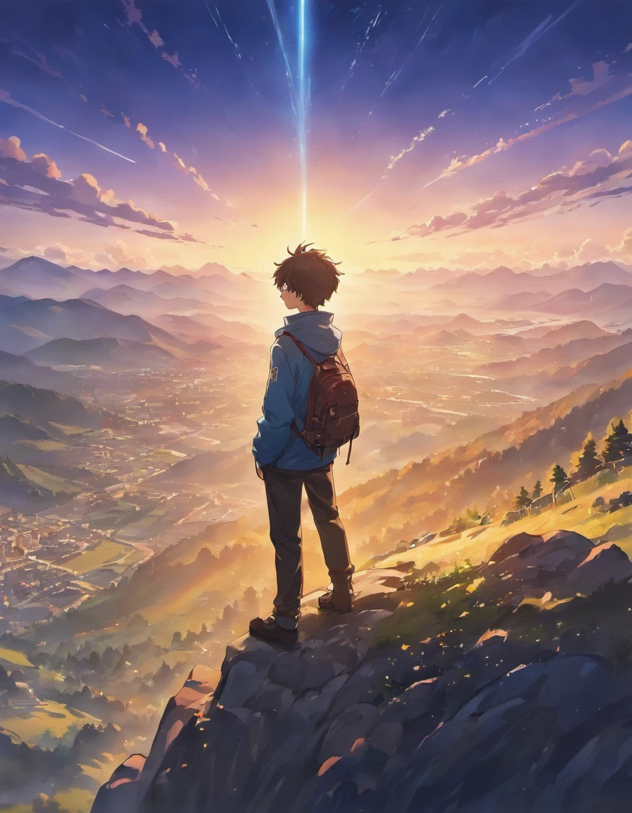 A boy on a mountain appreciating the view