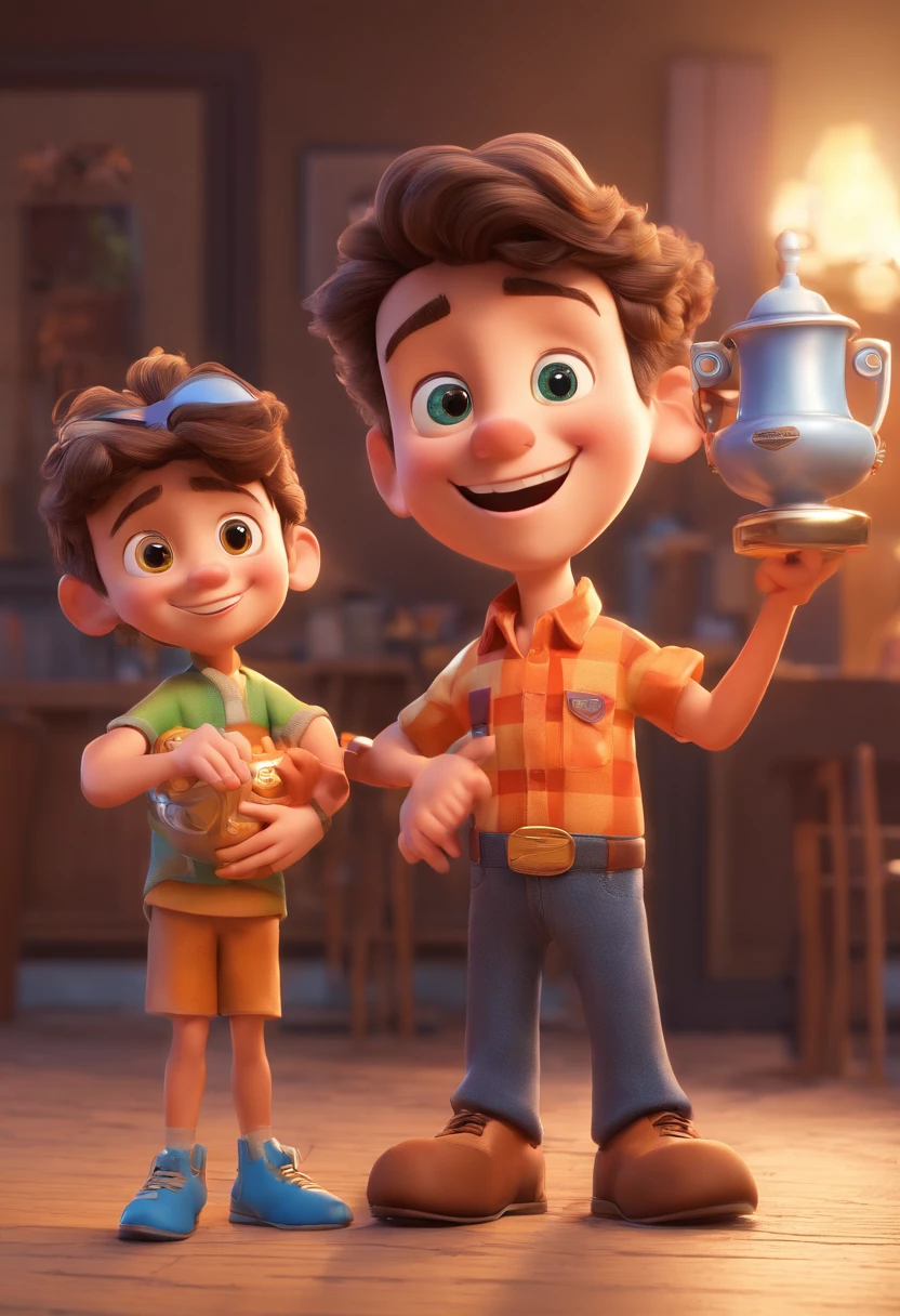 Estilo Pixar: The grown man is holding a brown-eyed arm boy and in his other hand he is holding a trophy and the two are cheerful of the boy,3D Poster,Disney