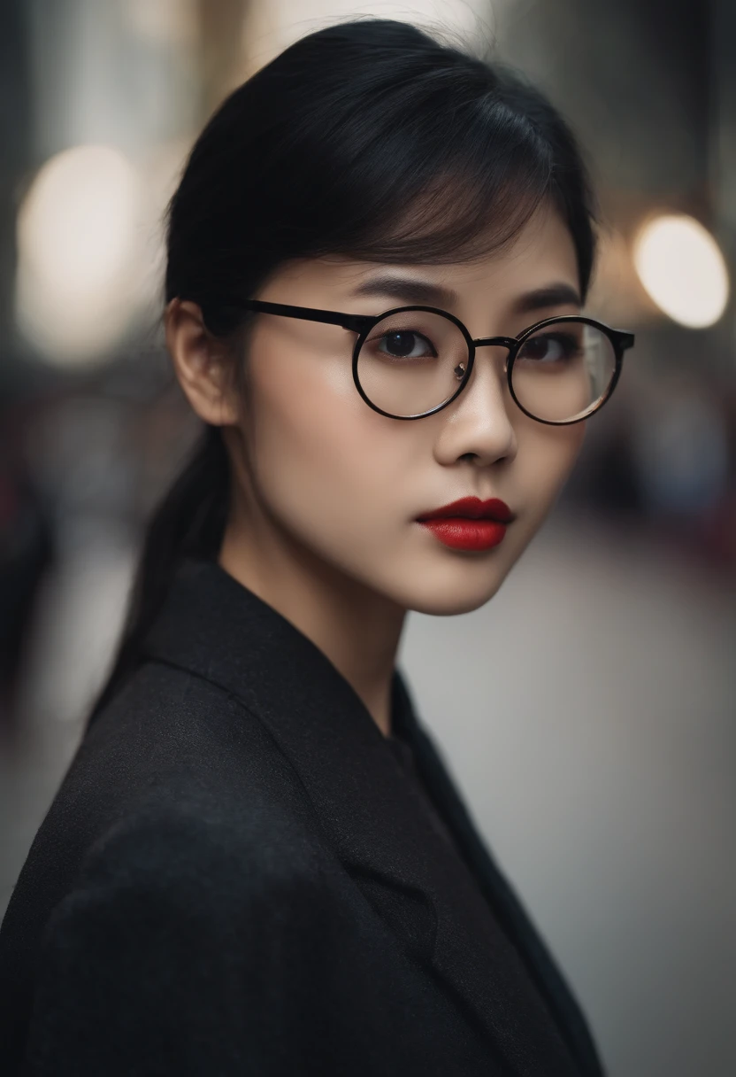 The face is that of a Chinese girl wearing round glasses with black frames