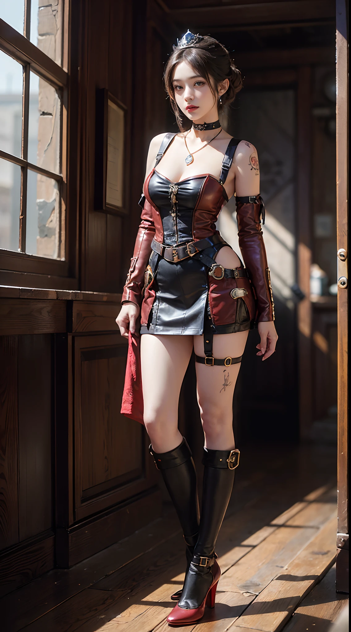 (RAW shooting:1.2, Photoreal:1.5, 8k:1.2, highest quality:1.2, masterpiece:1.2, ultra high resolution:1.2), (perfect dynamic composition:1.2, Highly detailed skin and facial textures:1.2,beautiful and aesthetic:1.2, full body:1.2, Fair skin:1.2), (large breast:1.4, Chest gap:1.4), (perfect limbs:1.2), (perfect fingers:1.2),(1girl:1.2,tall:1.2,sexy:1.2,asian:1.2,glamour:1.2,makeup:1.2),(sitting:1.2,chair:1.2,legs together:1.2),(earrings:1.2),(ragnarok_ninja:1.2),(red ninja scarf:1.2),(black short hair cut:1.2),(hairband:1.2),(double eyelid:1.2),(sash:1.2),(simple background:1.2),(thigh tights:1.2),(ninja boots:1.2),
