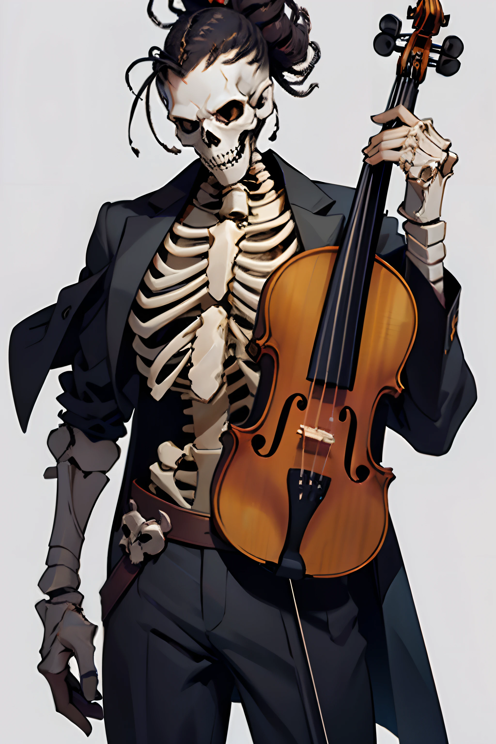 undead, skeleton, humanoid, scoundrel, ember, frontal view, stands, Killer's clothes, Facial bones, Living skeleton, Medieval Bard Clothes, undead, Fully skeletal, Bard's Attire, scoundrel , Bard's Attire, tipo embarrassment, Afro Hairstyle, Violin in hand, Huge Aphra Hairstyle, He plays the violin, Violin in hand.