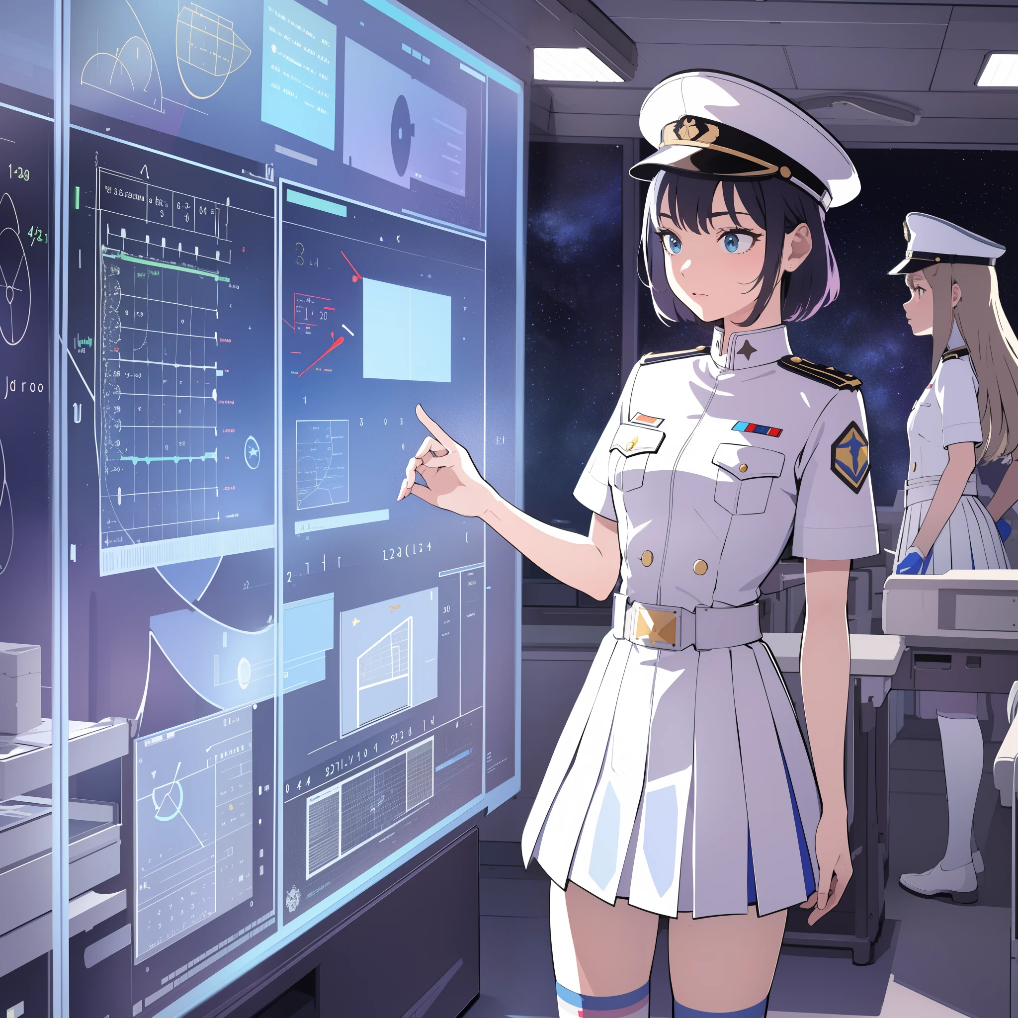 superflat, flat shading, flat colors, (masterpiece:1.2, best quality), (closeup), 1girl, teen girl, white space cadet uniform, military hat, short pleated skirt, serious, standing by holographic board displaying math graphs, classroom, spaceship interiors, sci-fi, cosmos outside window, watercolor