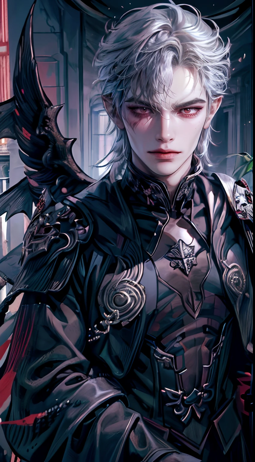 ((4K works))、​masterpiece、（top-quality)、((high-level image quality))、((One Beautiful Fallen Angel Man))、((King of Fallen Angels))、Slim body、((Vampire Black Y-Shirt Fashion))、(Detailed beautiful eyes)、((Fantastic English corridor))、Corridors in an evil English castle、((Face similar to Chaewon in Ruseraphim))、((Fallen Angel Longhair))、(((bright silver hair)))、((Smaller face))、((Neutral face))、((Evil face))、((Red Eyes))、((Korean Male))、((50 years old))、((wild boy))、((Evil look))、((angry expressions))、((Show your teeth and smile))、((Korean makeup with black eyeshadow))、((elongated and sharp eyes))、((Shot alone))、((Fallen angels))、Photos of fallen angels、Villain、Dark Proof、((shot from front))、((He is walking in front of the viewer))