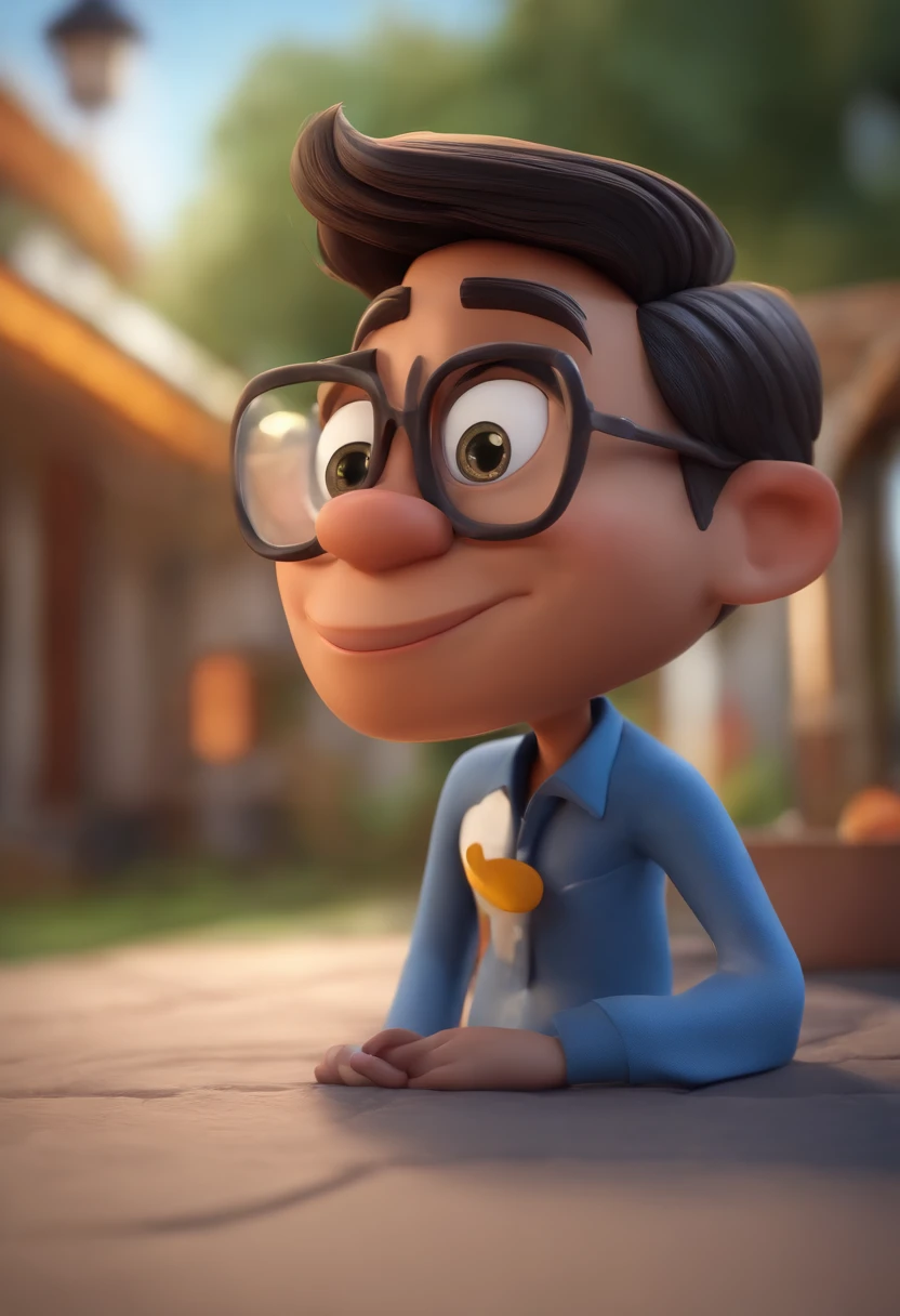 Cartoon character of a man wearing black glasses and a blue shirt, um personagem animado, Caractere estilizado, animation style rendering, 3D estilizado, Arnold Maya render, 3 d render stylized, toon render keyshot, Personagem 3D, Personagem 3D, 3d rendering stylized, 3 d character render, personagem de desenho animado, Personagem de close up, Pose de personagem, (Estilo Pixar) (master part:1.2) (Bokeh) (best quality) (pele detalhada) (textura detalhada) (8k) (argila) (Cinematic lighting) (foco nítido，Senta e vaza a parte superior do corpo