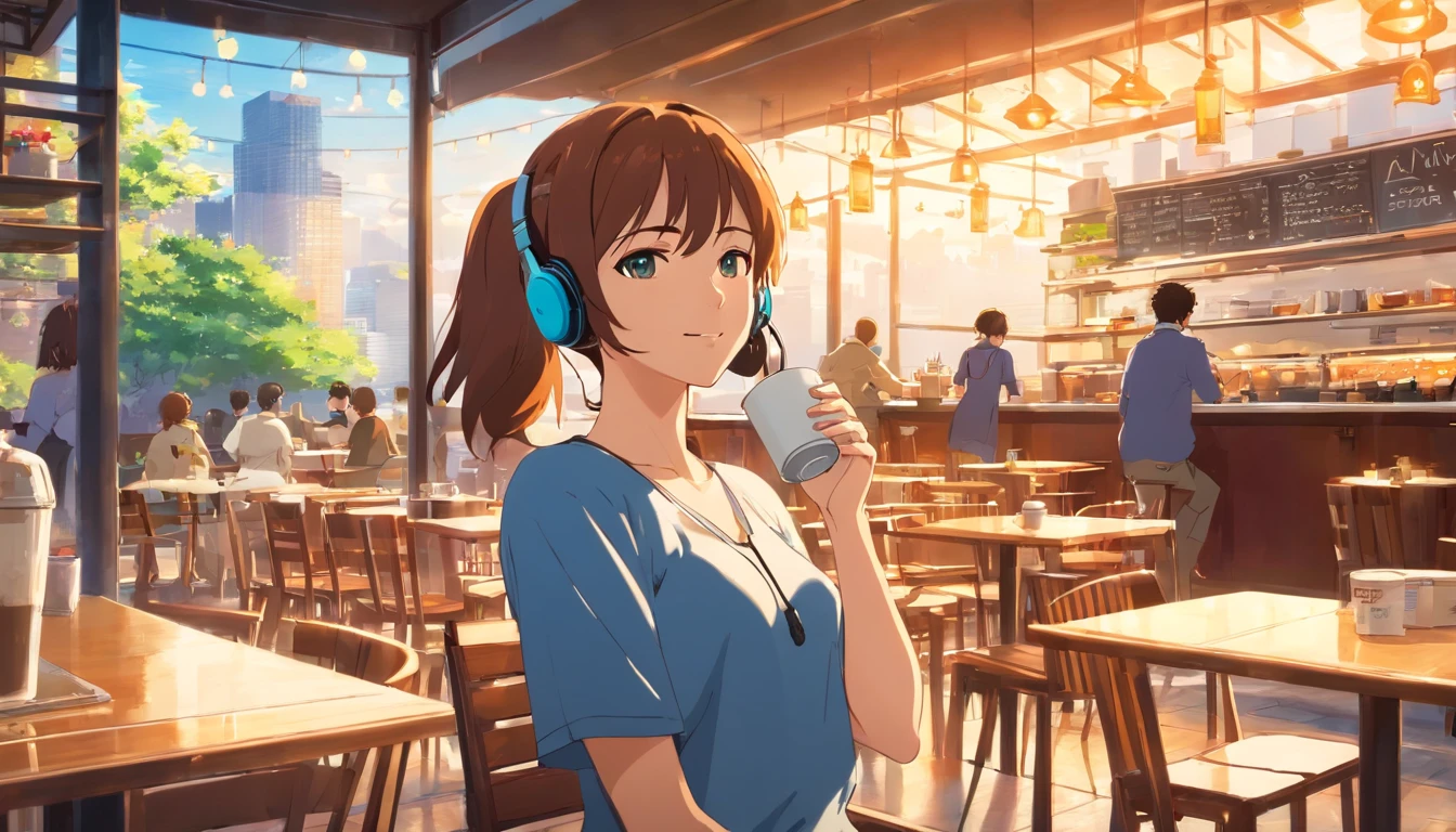 Urban café with terrace,In a spacious space , woman drinking coffee , I'm wearing headphones , Shinkai Makoto , Warm sunshine , masterpiece