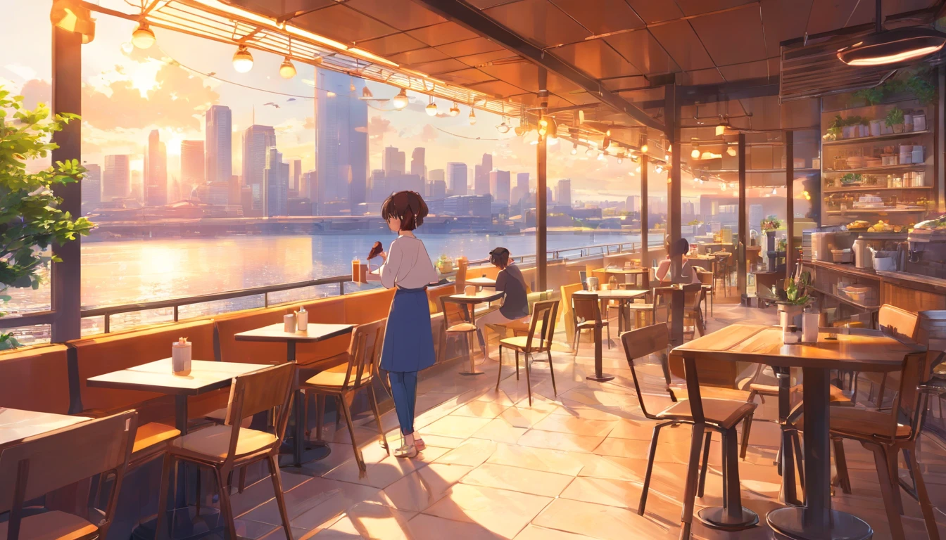 Urban café with terrace,In a spacious space , woman drinking coffee , I'm wearing headphones , Shinkai Makoto , Warm sunshine , ​masterpiece