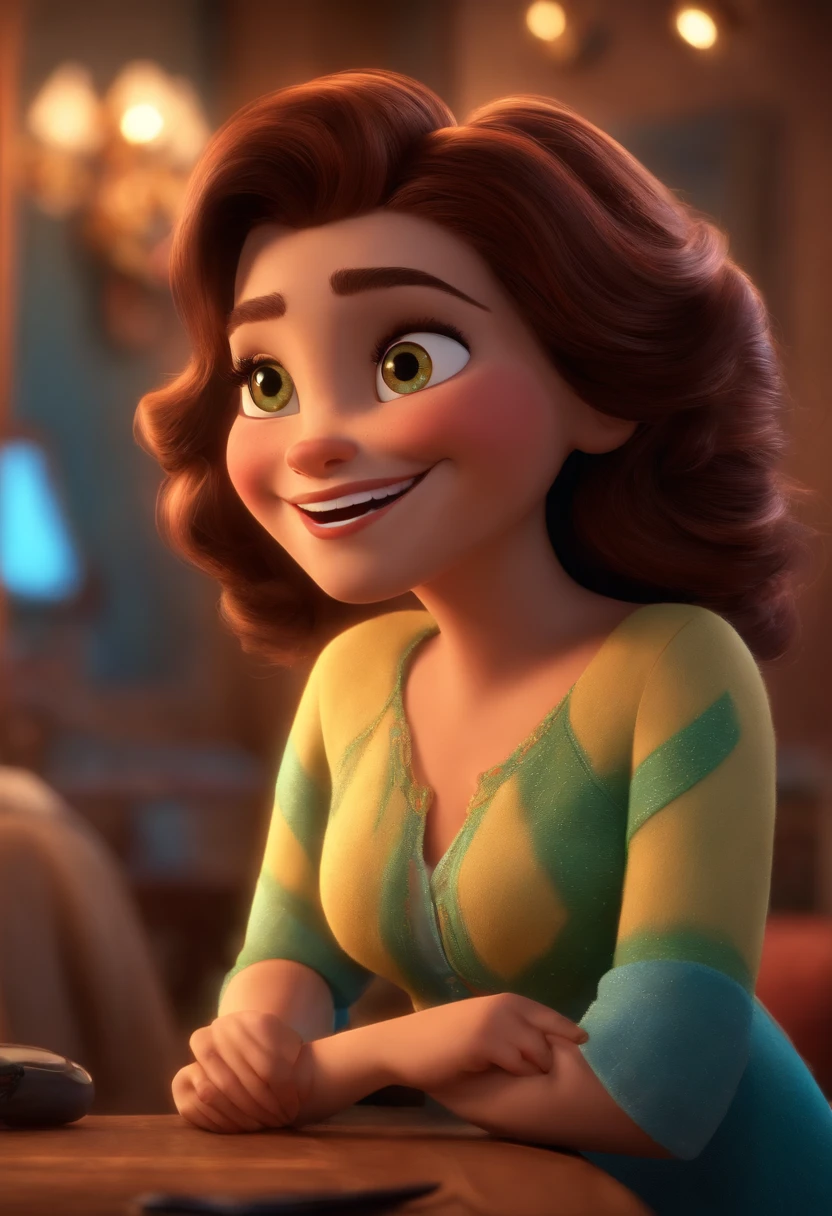 Imagem estilo Pixar com personagem 3D mulher dentista morena cabelo ondulado longo, Maquiagem Disney,, bonitinho, sorridente ,Close-up, Pixar, Disney, Cinema lighting,