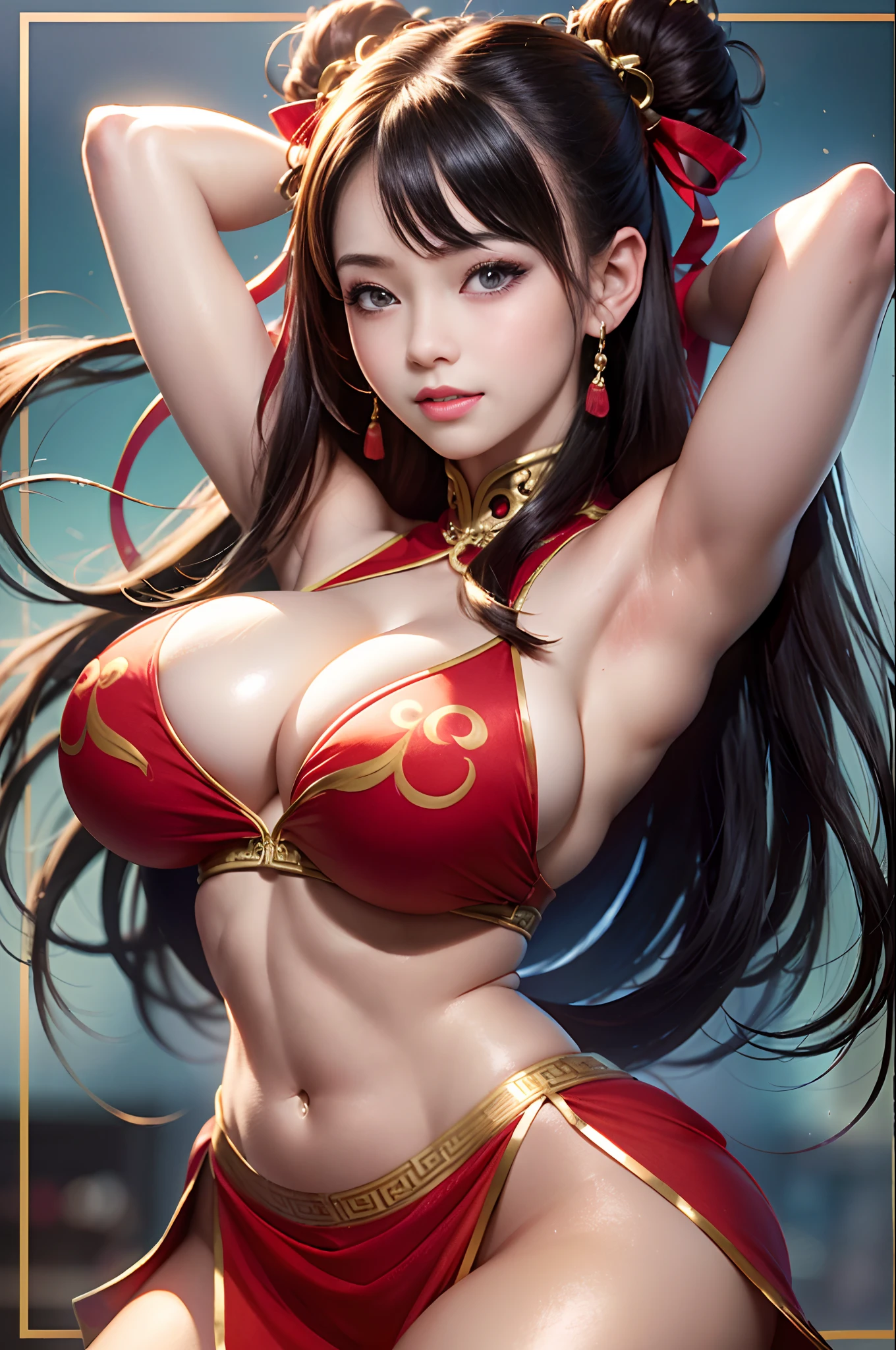 best quality, ultra hd, 1 girl, (huge tits, large), simple background, smile, charming, 8k, perfect, shiny skin, pose, beautiful model, armpits, fine art, , cg digital art, street fighter, (Lee chin:1.3), kawaii face, red chinese dress, young woman