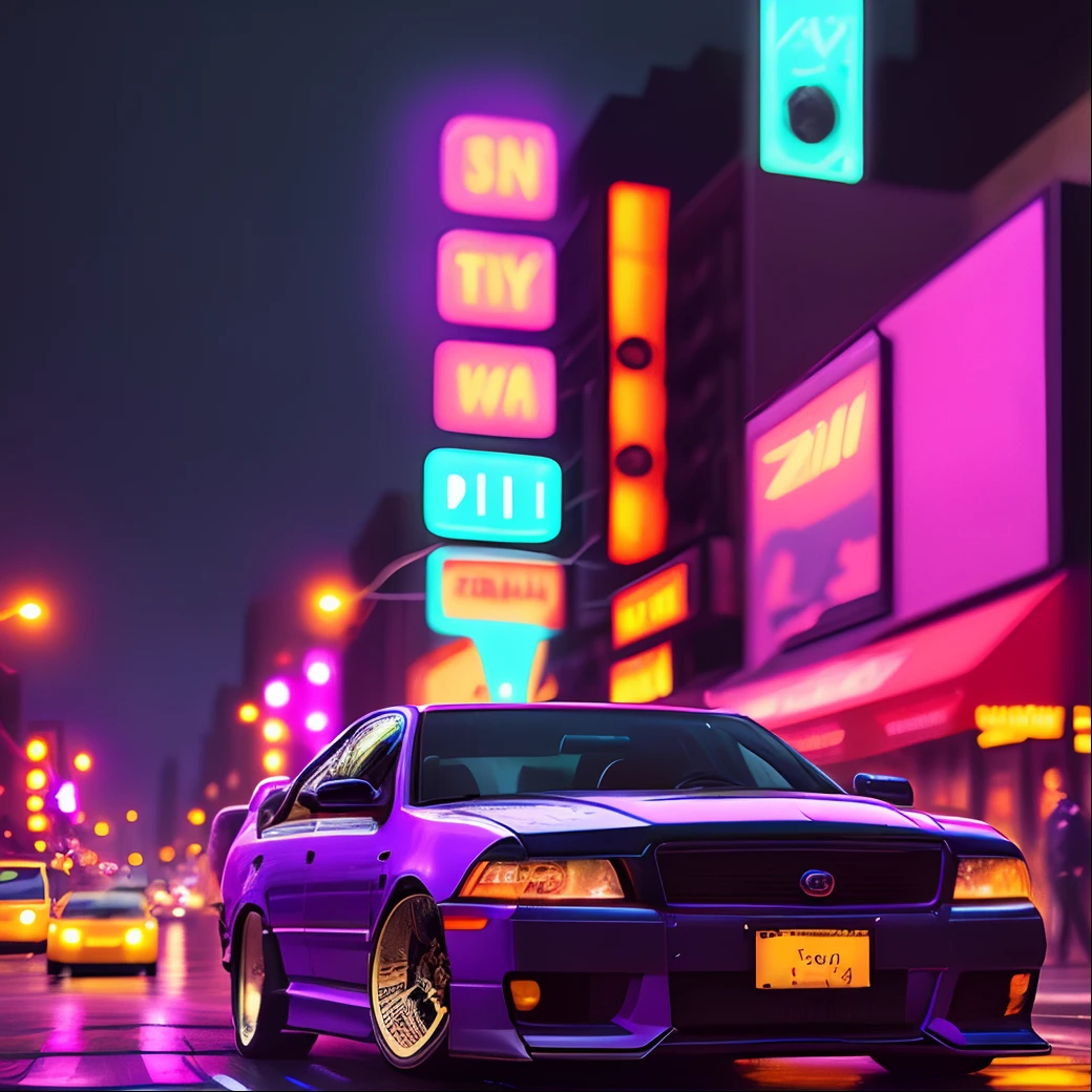 New York at night with colorful neon sky’s and a beautiful car raining with the words tezzy on it with a purple font