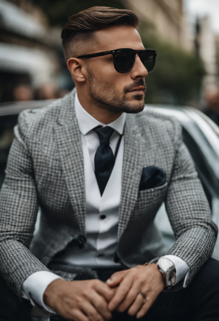 Decim (Desfile da Morte), 1 Homem, 35 anos,(cerdas pretas), Man wearing glasses, rosto de close-up, foto do perfil,vestidos em um estilo formal e contido, uma jaqueta preta,camisa branca, um olhar profissional,cabelos branco-cinzas, cor prata, olhar cansado,