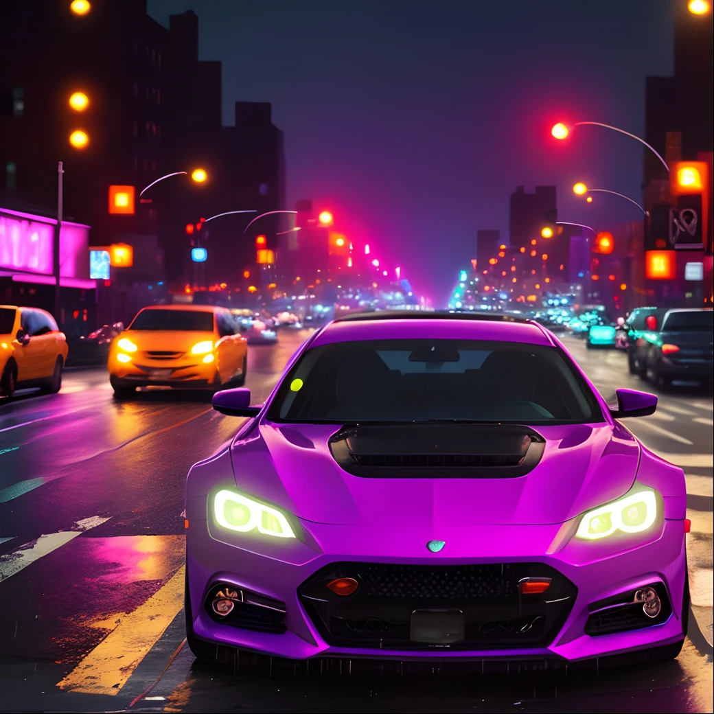 New York at night with colorful neon sky’s and a beautiful car raining with the words tezzy on it with a purple font