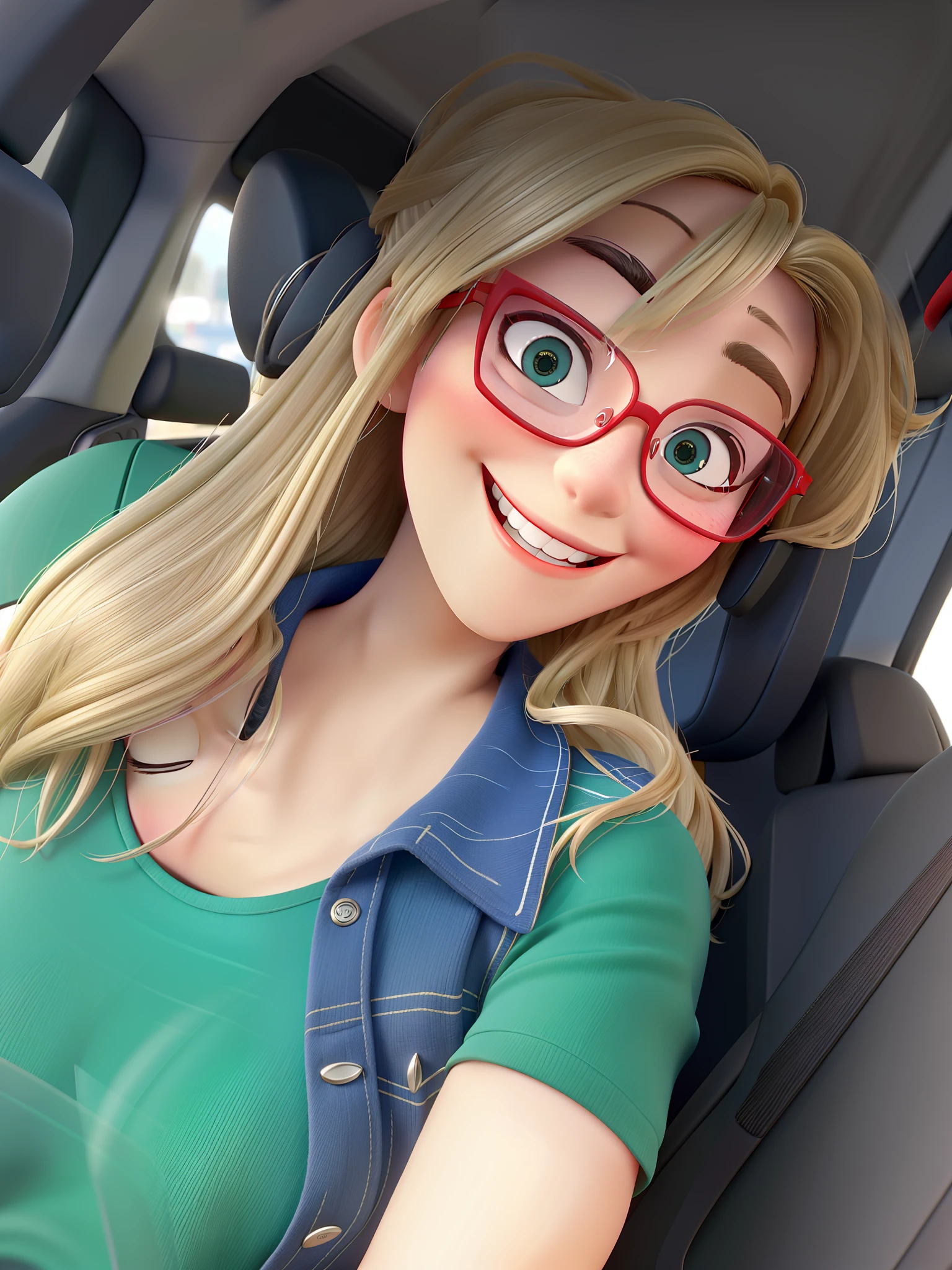 A blonde woman with red glasses inside the car. Sorrindo e alegre.