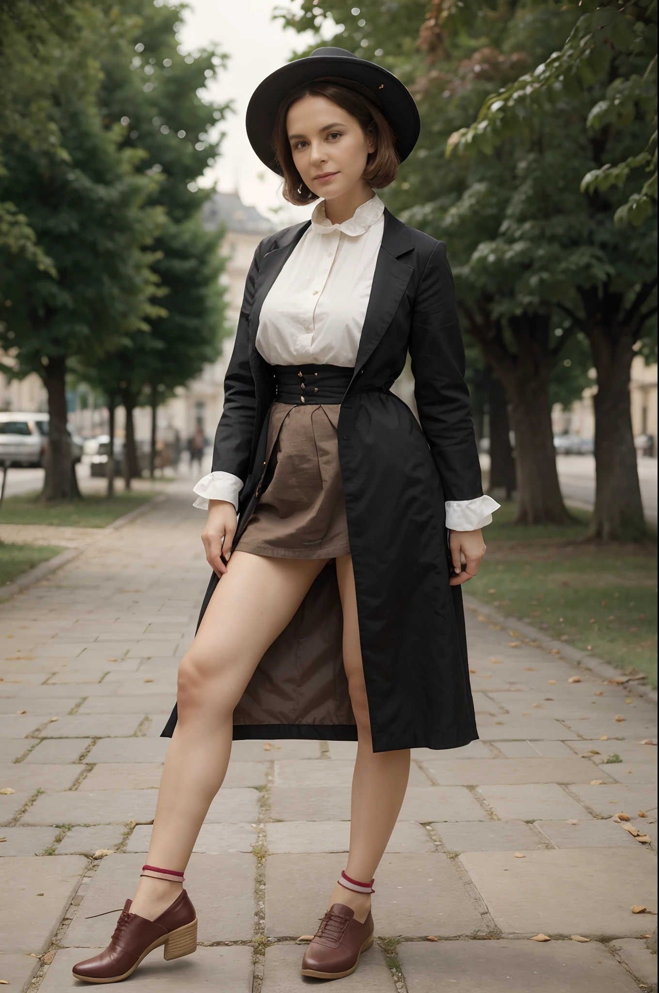 A mature woman cheveux de couleurs très longs , vêtements feuilles de salade de choux et de légumes , chaussures escarpins, Retro Wearing 1890