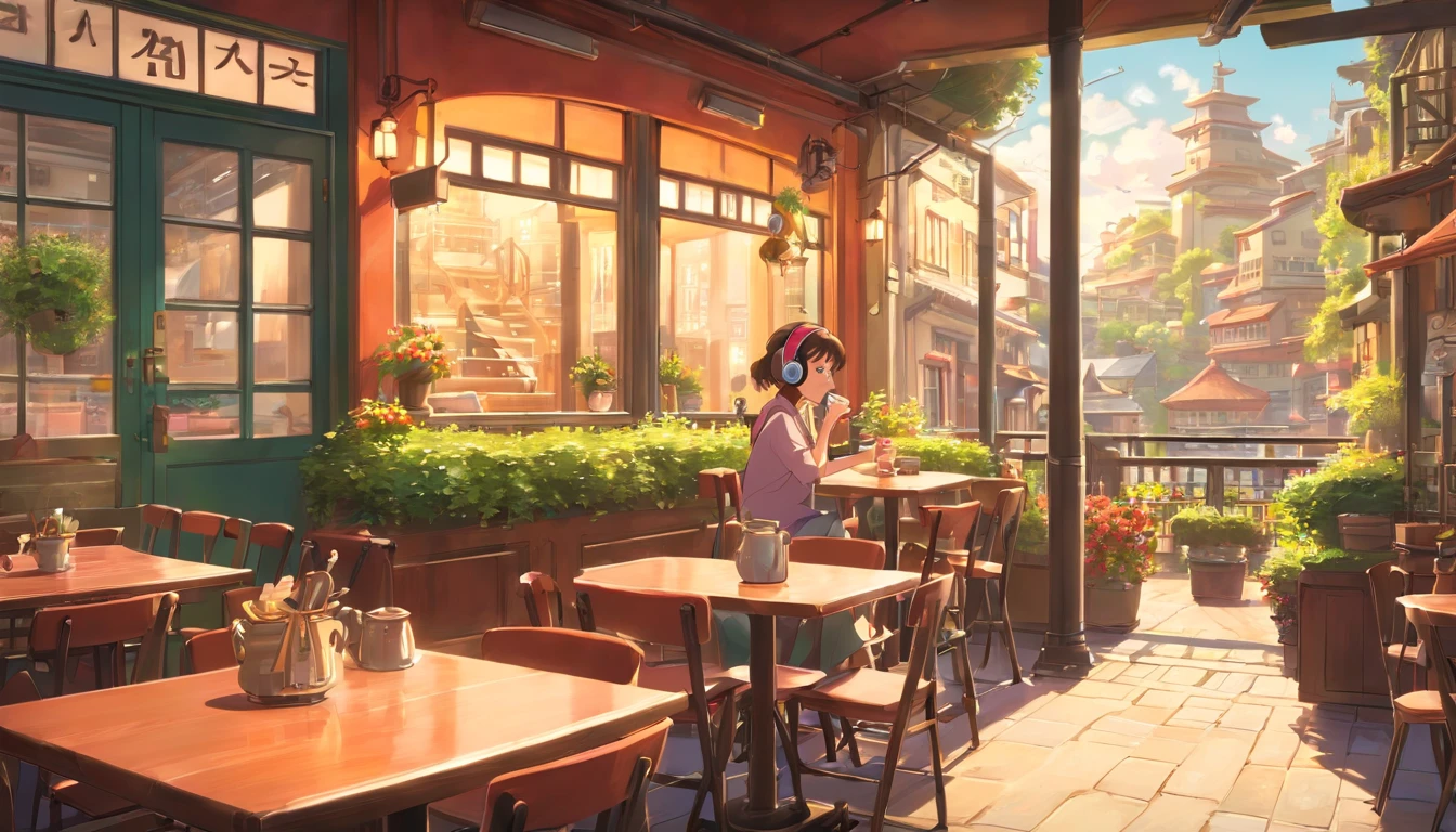 Urban café with terrace,In a spacious space , woman drinking coffee , I'm wearing headphones , Studio Ghibli Animation , Warm sunshine , masterpiece