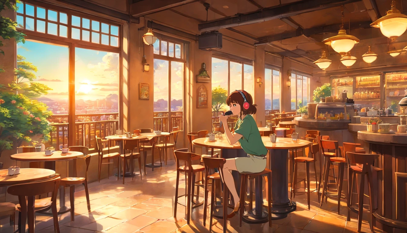 Urban café with terrace,In a spacious space , woman drinking coffee , I'm wearing headphones , Studio Ghibli Animation , Warm sunshine , ​masterpiece