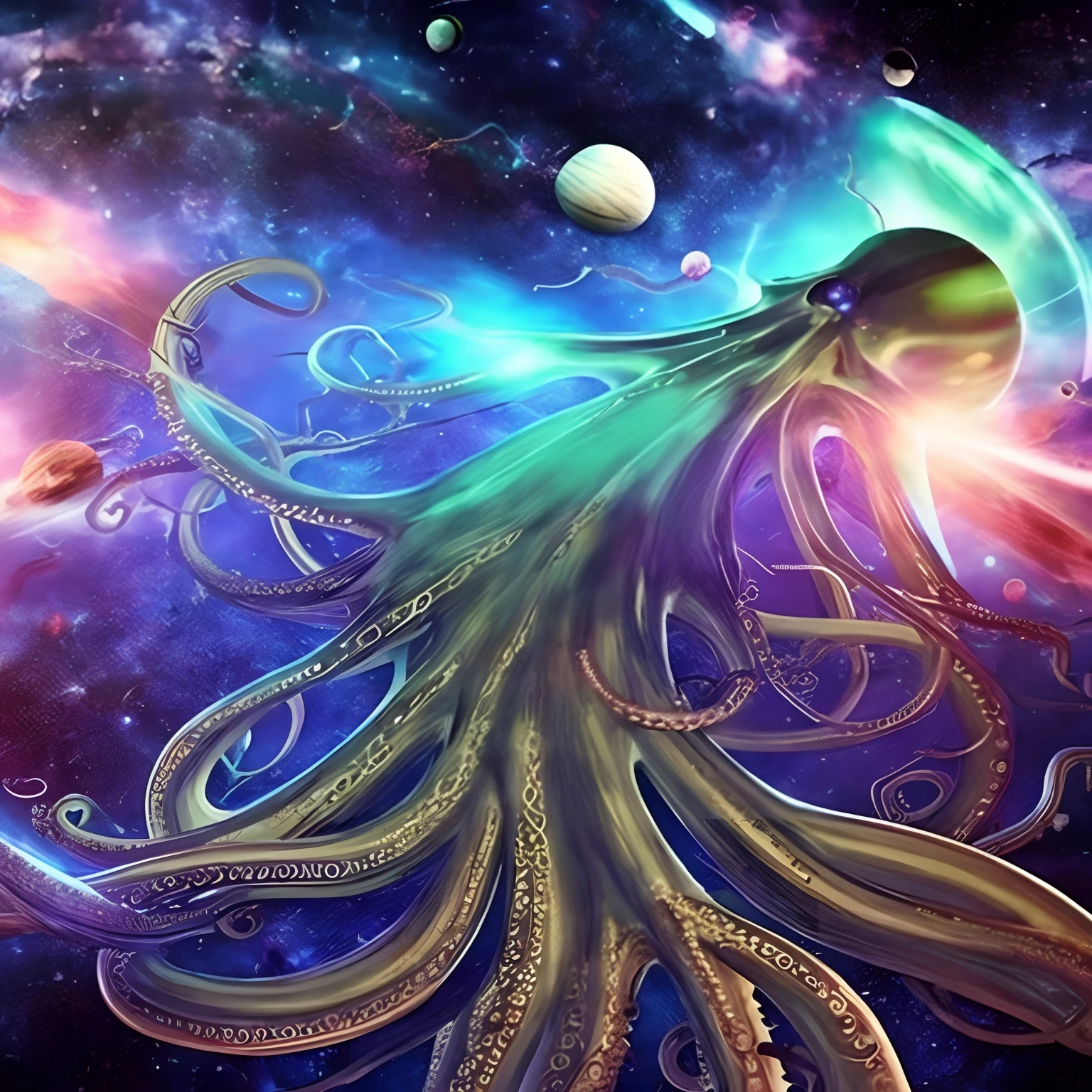 a psychedelic picture of (((a giant space octopus))) flying among planets