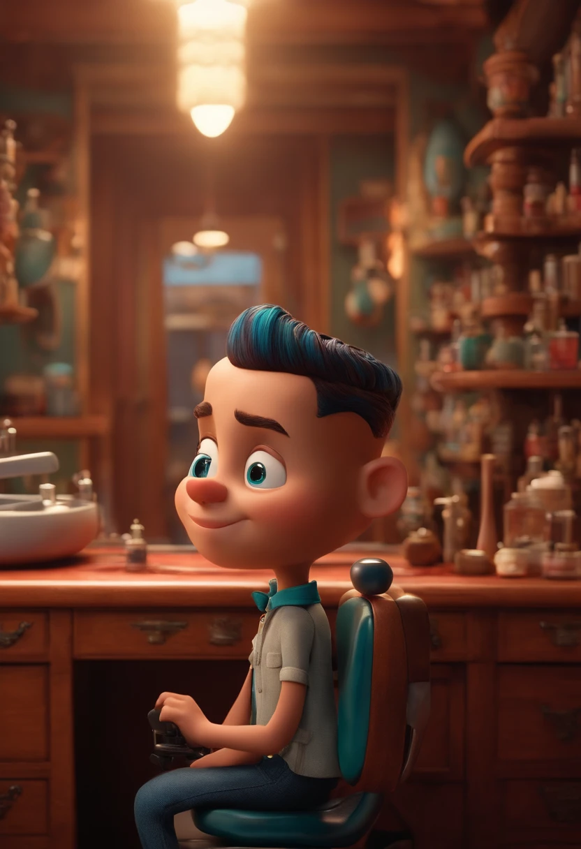 A Dream Barber Inspired by Pixar Animation, de perto. The character takes center stage with captivating facial expressions, oferecendo um toque de irrealidade, Cabelo curto e gordinho gradiente