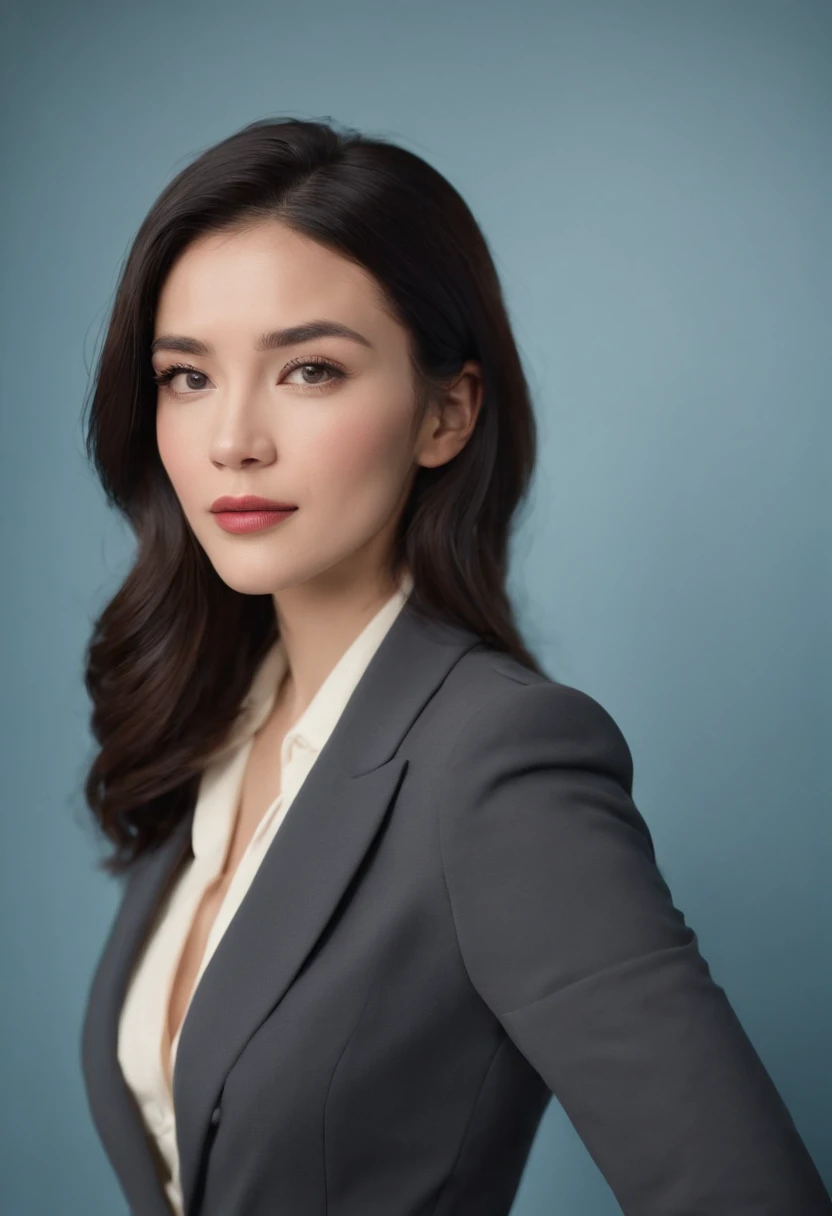 In a sea of bland suits and stiff postures, one woman stands out with her impeccable style and unwavering confidence. Her short black hair is expertly styled, framing her face and drawing attention to her piercing brown eyes. Against the light blue backdrop of the TV news studio, she exudes an air of poise and grace.