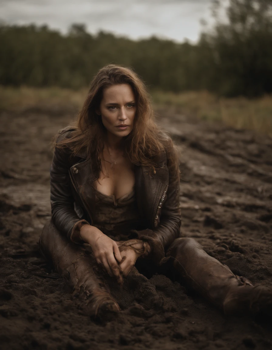 High quality photograph of a hot 35 years old woman (Dynamic frame:1.2), A woman tormented by lust drowns in the face of a mud swamp. (She sensually smears swamp mud on her chest:1.3). She is dressed in jeans and a leather jacket. (She caresses her neck and chest with her hands:1.5) [insanely detailed skin texture, sexy attractive texture] (depth of field) (( perfect body parts, Kodak 200T, dramatic lighting, global illumination ,Clear facial features, 85mm, 100mm lens, f/1.8 uplight, Ilford film stock --ar 16:9 --q 2 --v 5, Create ultra-detailed images textures, capturing every detail with precision ))