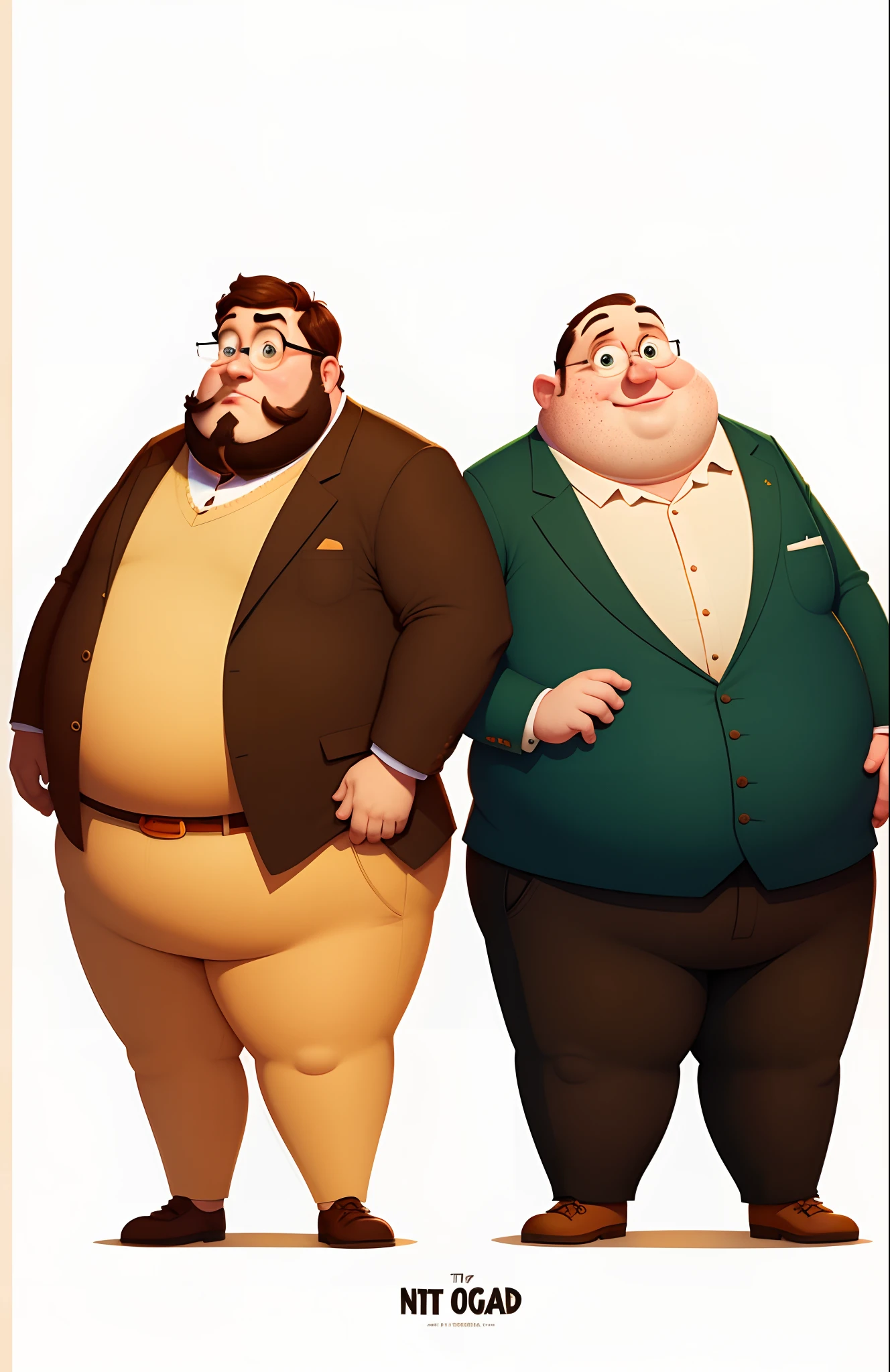 Pixar-style poster: two, two friends, one fat, with a beard, glasses and one eye smaller than the other, with tan skin and the other is white with freckles
