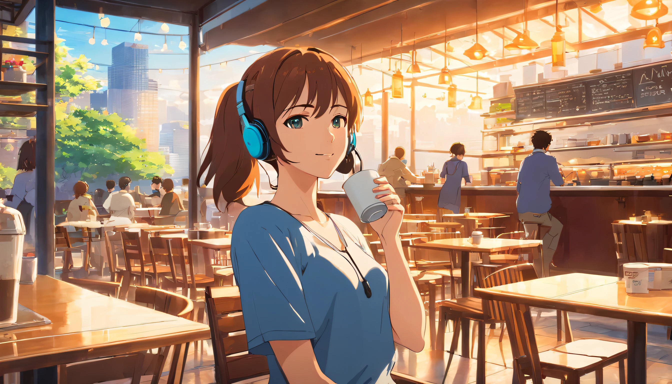 Urban café with terrace,In a spacious space , woman drinking coffee , I'm wearing headphones , Shinkai Makoto , Warm sunshine , masterpiece
