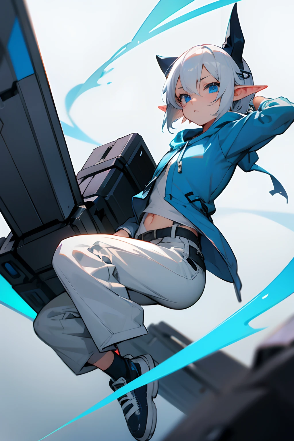 (masterpiece), best quality, expressive eyes, perfect face, short white hair, blue eyes, elf ears with silver ears, anime, Blue and white hoodie, blue eyes, black cargo pants, white shoes