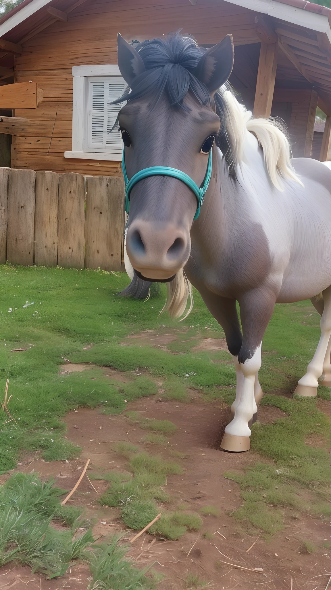 There's a horse that's standing on the grass near a house, nariz menor, hybrid of mouse and horse, nariz pequeno virado para cima, Bigodes de cavalo, com nariz pequeno, com nariz estreito, staring directly at camera, Looking towards the camera, horse is up on it's hindlegs, nariz ligeiramente maior, nariz aquilino bonito, 4 anos de idade