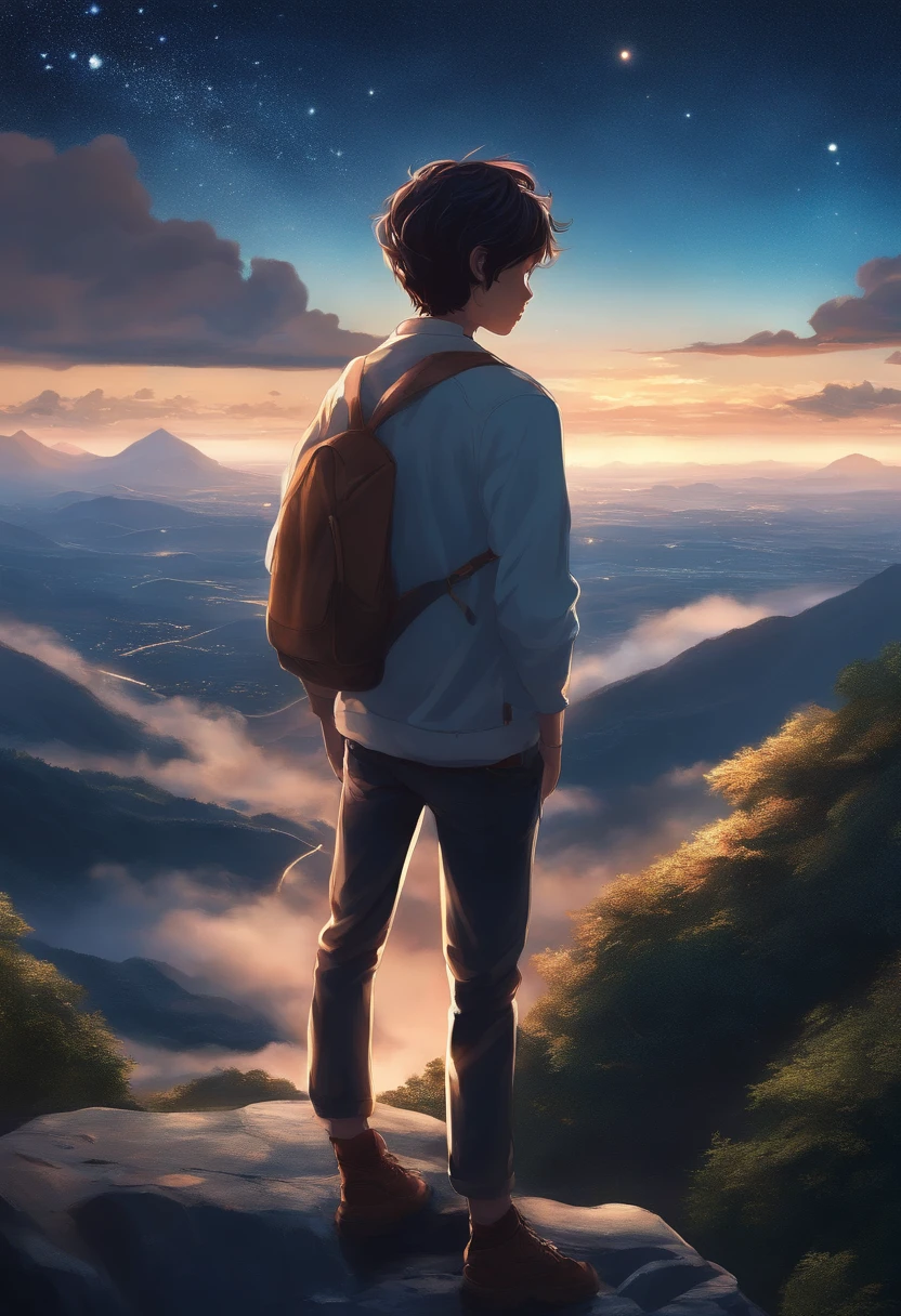 Anime boy standing on a rock looking at the starry sky, makoto shinkai cyril rolando, anime art wallpaper 4k, anime art wallpaper 4k, Anime art wallpaper 8k, cosmic sky. by makoto shinkai, inspired by Cyril Rolando, in the style dan mumford artwork, amazing wallpapers, by Yuumei, White hair