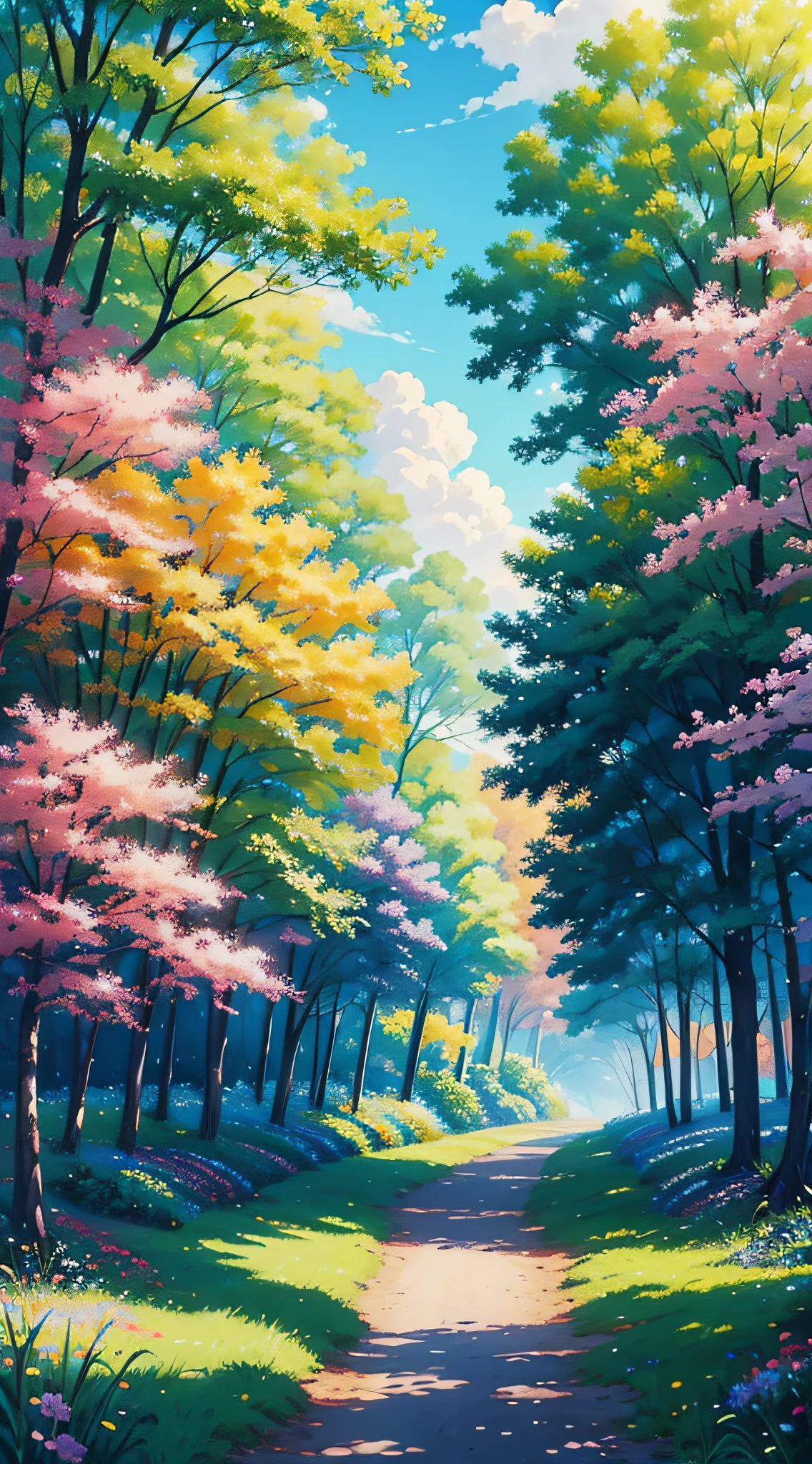 There is a painting of a colorful landscape with trees and flowers, vibrant gouache painting scenery, pintura de paisagem colorida, paisagem campestre anime, paisagem brilhante, scenic colorful environment, Jen Bartel, Paisagem do anime, arte de fundo do anime, anime bela cena de paz, scenery art detailed, Arte bonita UHD 4K, beautiful anime scenery, pintura digital colorida, paisagem de sonho, papel de parede de paisagem anime