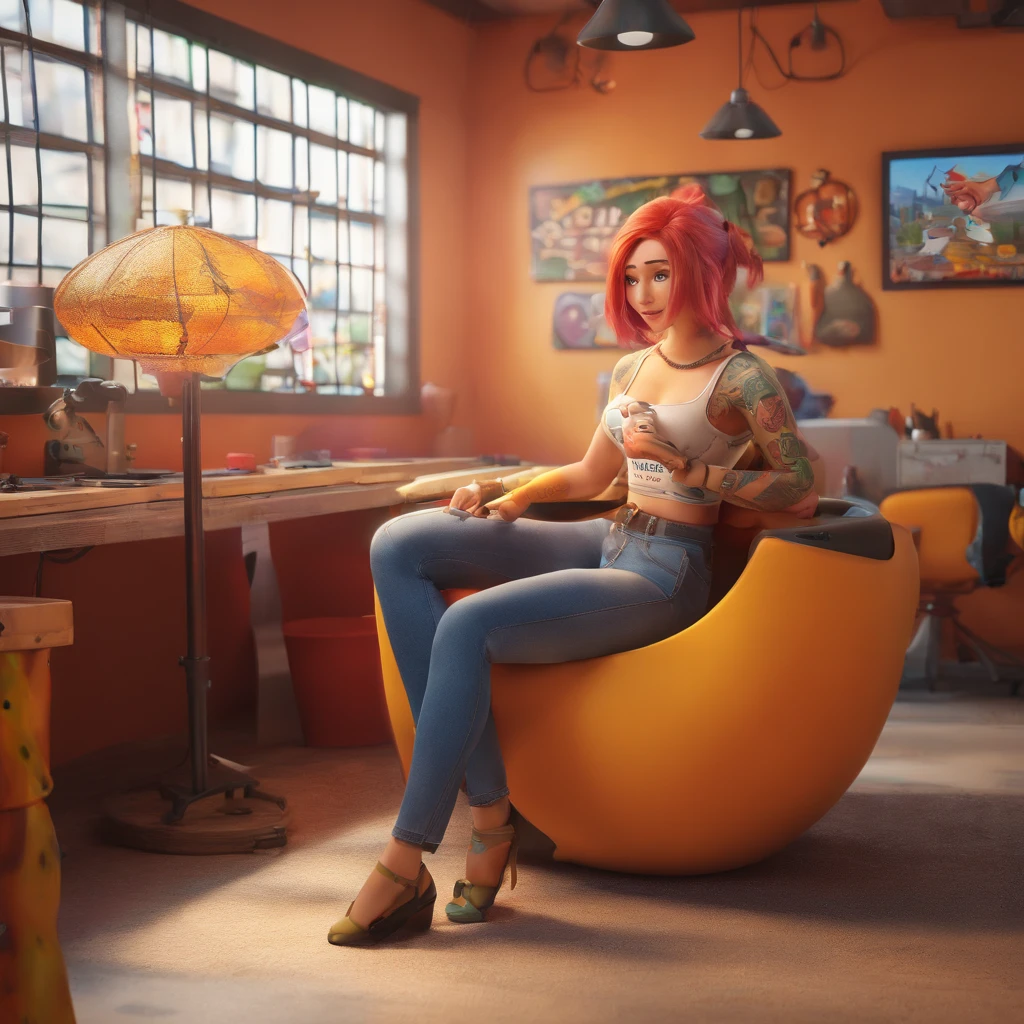 create a 3D movie poster inspired by Disney Pixar, The scene should be in Pixar's signature digital art style, com uma imagem caricatural que lembra a cantora brasileira "Anita" in the prone position, Wearing a bikini while a tattoo artist is sitting tattooing with a giant ring on one hand, inside a tattoo parlor.